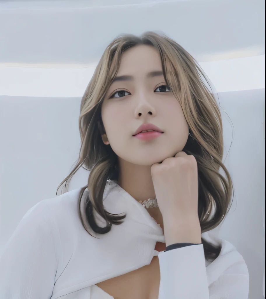 (masterpiece:1.35),(bestquality:1.4),8k,ultra-detailed,photography,(ultra-realistic:1.4),film grain,Fujifilm XT3,1girl,aisan slim female,solo,eyeliner,eyelashes,eyeshadow,lips,random_color_lipstick,random_color_nail_polish,stylish_chlothing,(Kubrick Stare,Low contrast lighting,Looking Up,subject look down:1.45),(Sandy blonde Hair,drill hair,black long straight,hair over eyes:1.37),