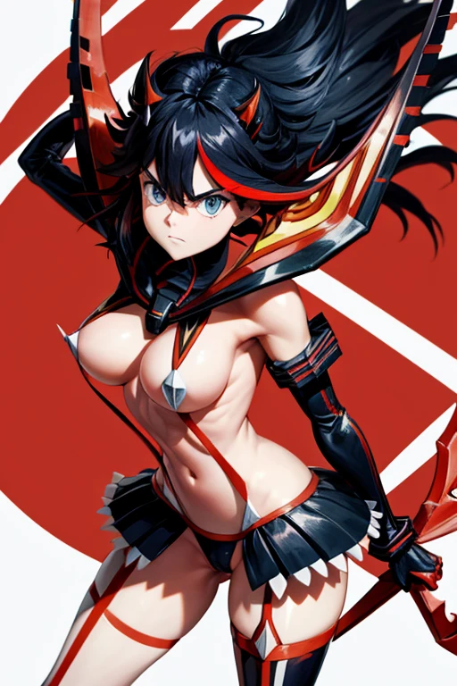 Ryuko matoi from kill la kill almost naked wirh skimpy revealing cloth pieces and red sharp straps in action fighting pose with giant scissors