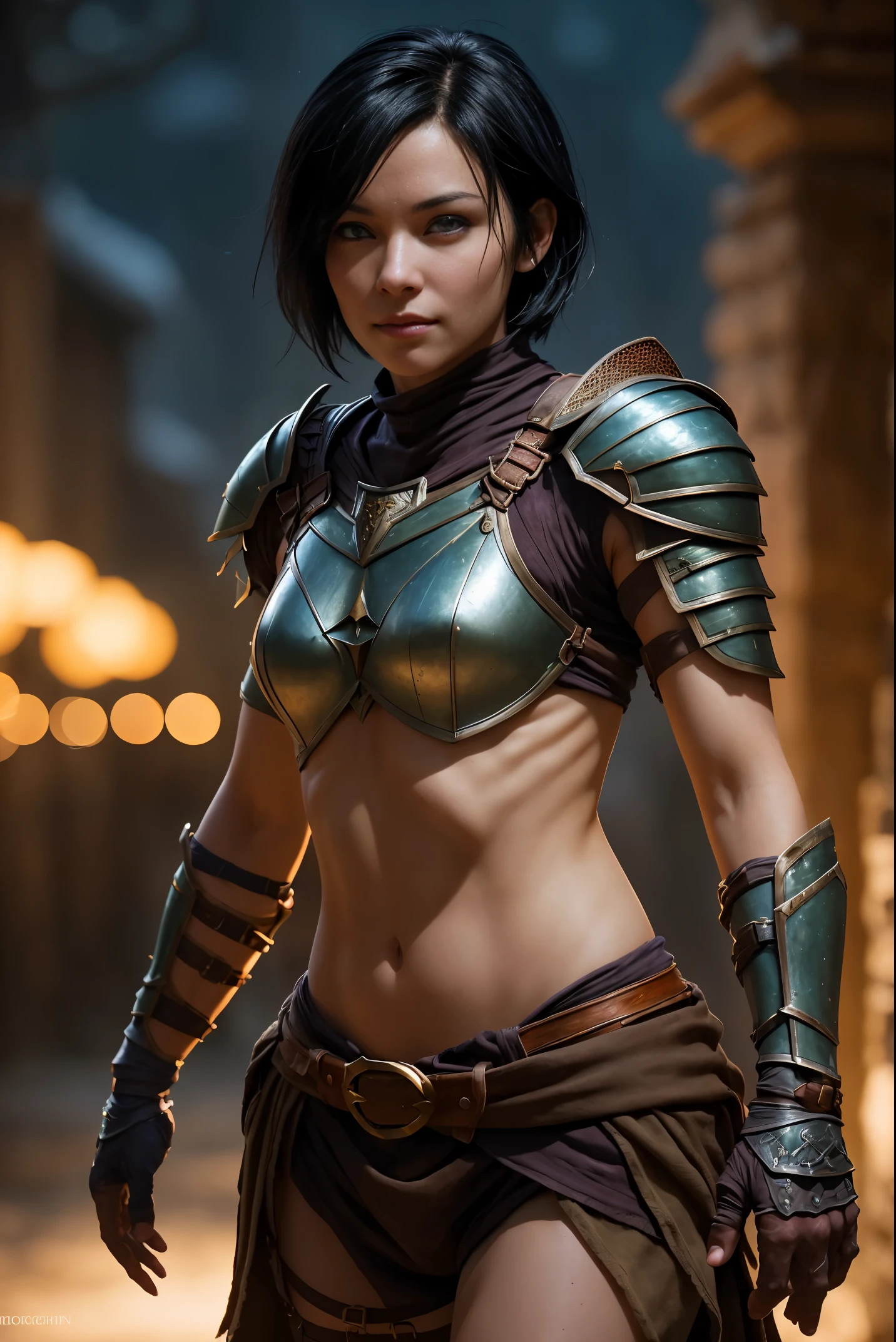 A beautiful female rogue, short black hair, Dungeons and Dragons aesthetic, skimpy armour, high detail face, high detail skin, 8, HDR, high resolution, photo-realistic, cinematic lighting, depth of field, bokeh, rim lighting, backlit, cool colours, night