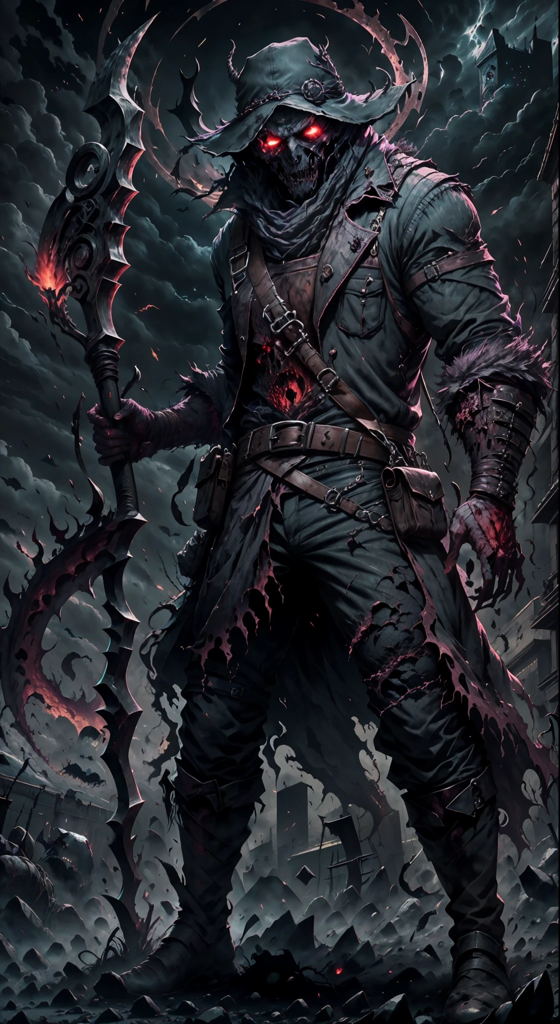 a tall farmer,final boss,Bloodborne series,scary face,menacing presence,giant scythe,farmland background,dark and gloomy atmosphere,dense fog,stubble beard,distorted body shape,blood-soaked hands,dreadful aura,blood-red eyes,ripped and dirty overalls,ominous smile,ominous music,creepy whispering voices,terrifying powers,sinister energy,bloody harvest,aggressive attacks,dangerous boss battle,intense  rush,challenging fight,deadly precision,ultimate challenge,morceau de résistance,battle-hardened farmer,sinister secrets,hiding in the shadows,twisted transformation,demonic powers,corrupted by darkness,haunting presence,foreboding sense of doom,exhilarating gameplay,epic conclusion