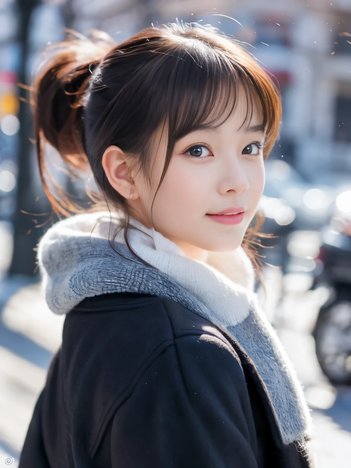 Photorealsitic, 8k full-length portraits, Beautuful Women, A charming expression, poneyTail, sixteen years old, TOKYOcty, Winters, Shibuya in the background