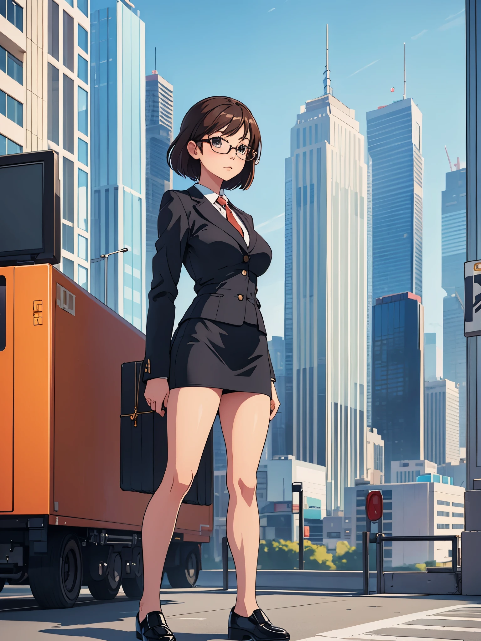 1girl, medium breasts, leotard, bare legs, shoes, matching shoes,  city backdrop, solo, single, standing, full body shot, cowboy shot, beautiful detailed eyes, mature lady, glasses, office lady, suit, pencil skirt, miniskirt