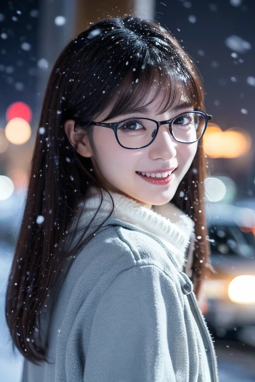 1 girl in, (wear a knit jacket :1.2), (glasses : 1.2), (Raw photo, Best Quality), (Realistic, Photorealsitic:1.4), masterpiece, Extremely delicate and beautiful, Extremely detailed, 2k wallpaper, amazing, finely detail, the Extremely Detailed CG Unity 8K Wallpapers, Ultra-detailed, hight resolution, Soft light, Beautiful detailed girl, extremely detailed eye and face, beautiful detailed nose, Beautiful detailed eyes, Cinematic lighting, Illuminations coloring the city on a snowy night, Snowy landscape, It's snowing, Snow in the hair, Perfect Anatomy, Slender body, Taut, 
Straight semi-long hair, Bangs, Looking at Viewer, A slight smile