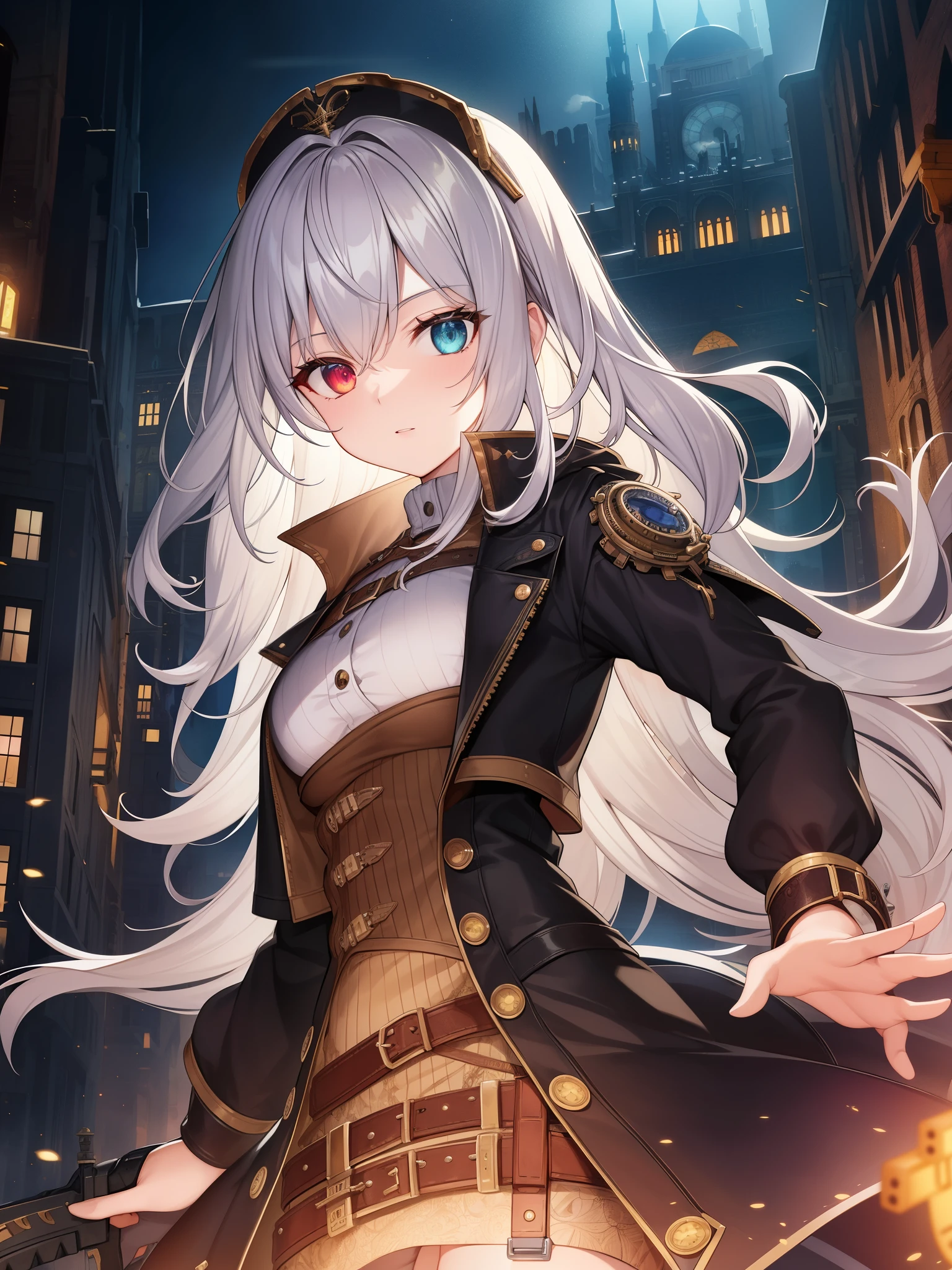 (absurdres, highres, ultra detailed), 1woman, mature female, aged up, wavy long hair, split-color hair, heterochromia, bangs, long sleeves, finely detailed eyes and detailed face, extremely detailed CG unity 8k wallpaper, intricate details, (style-rustmagic:0.8), (medieval cyborg:0.8), portrait, (bloody wounds:0.7), looking at viewer, solo, half shot, detailed background, (steampunk theme:1.1) determined expression, dark couds technomancer, floating lights, color leather vest with gears, techwear, jetpack, workshop in background, machines, gears, steam, industry, technology, furnace, grime, anvil, buttons, levers, automaton, electricity, electric sparks epic atmosphere,, portrait