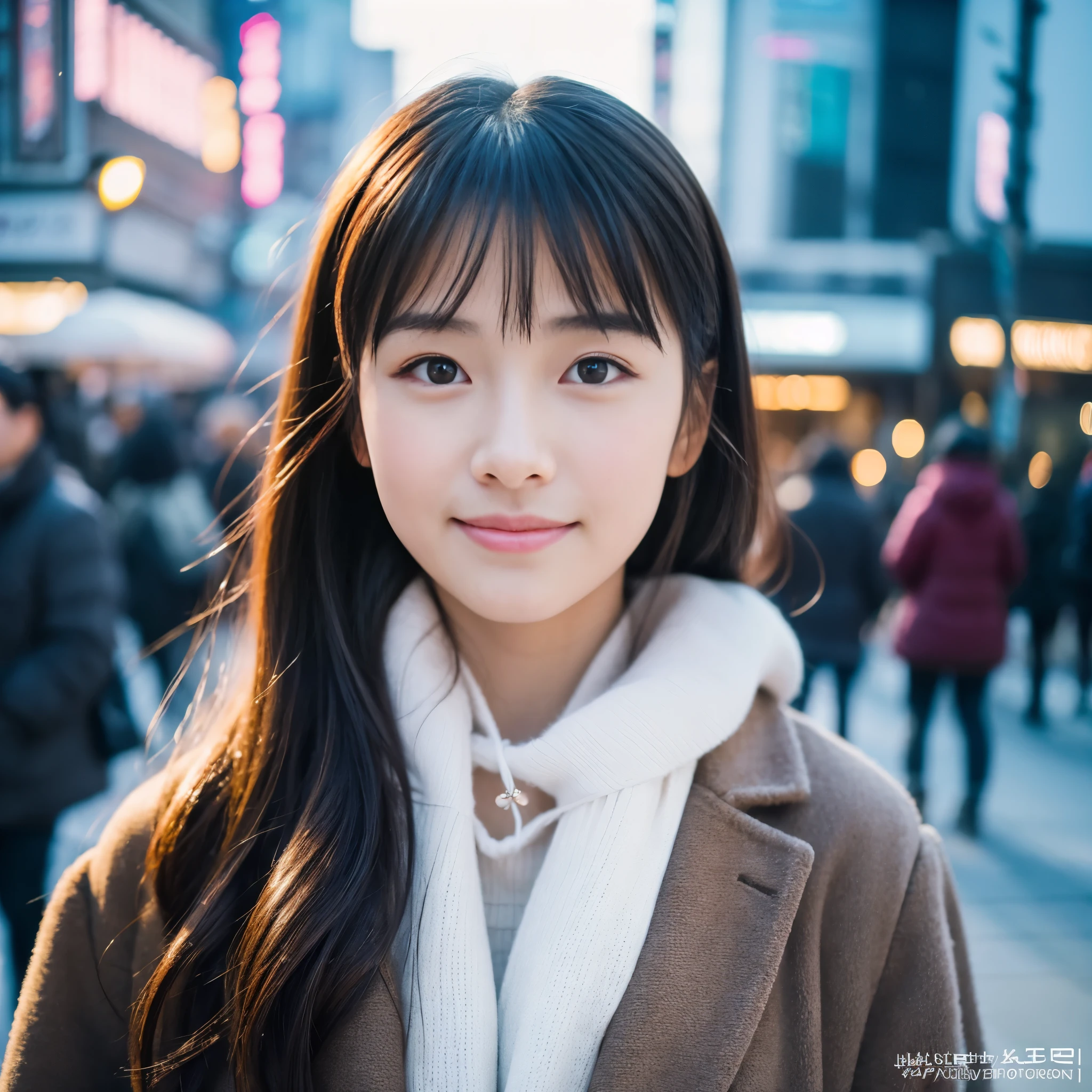 Photorealsitic, 8k full-length portraits, Beautuful Women, A charming expression, sixteen years old, TOKYOcty, Winters, Shibuya in the background