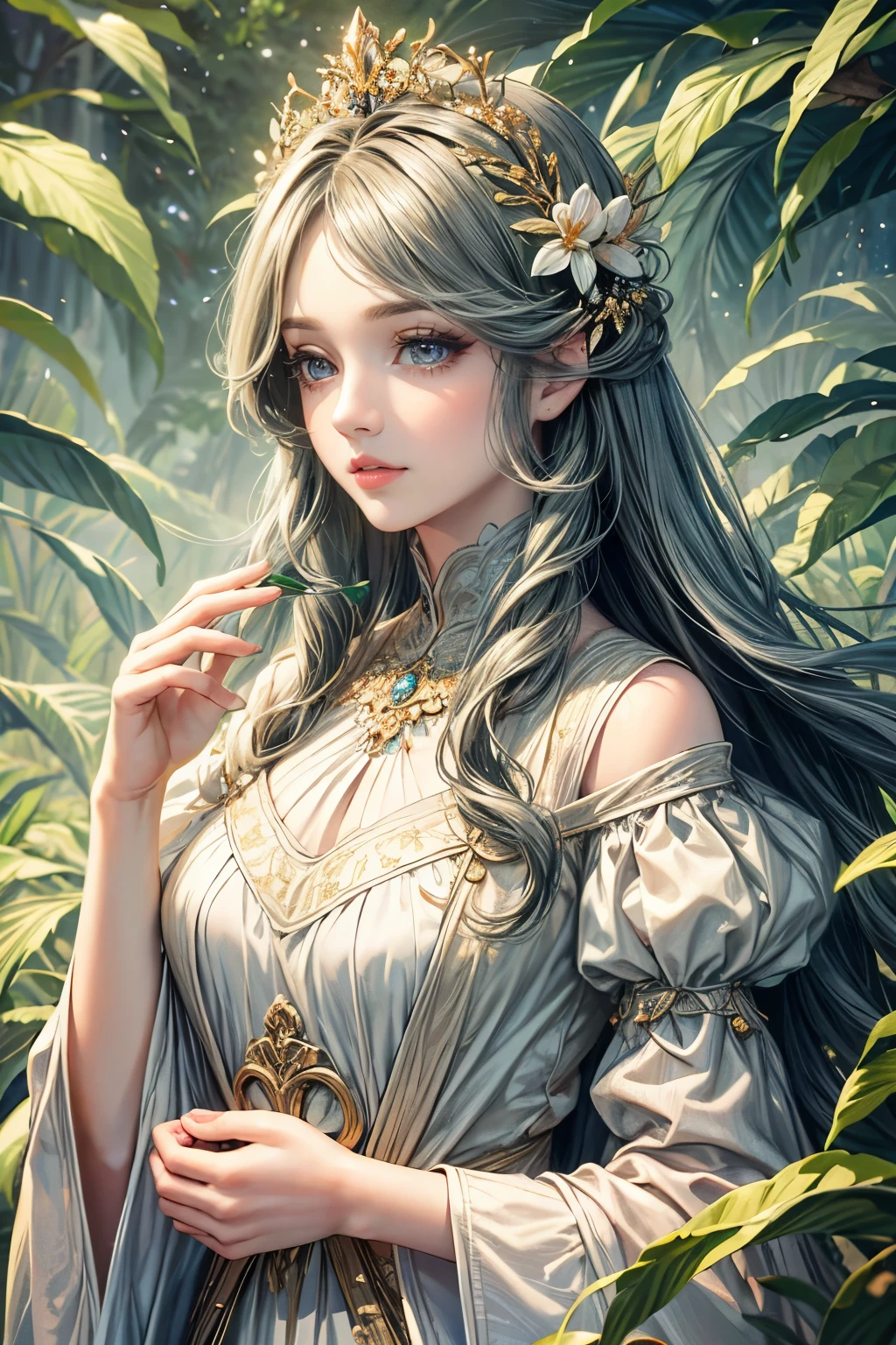 (best quality,8K,CG),detailed upper body,solitary girl,floral forest background,complex facial features,elegant long curly hair,almond-shaped big eyes,detailed eye makeup,long eyelashes,twinkling stars,exquisite lip details,soft and harmonious style.