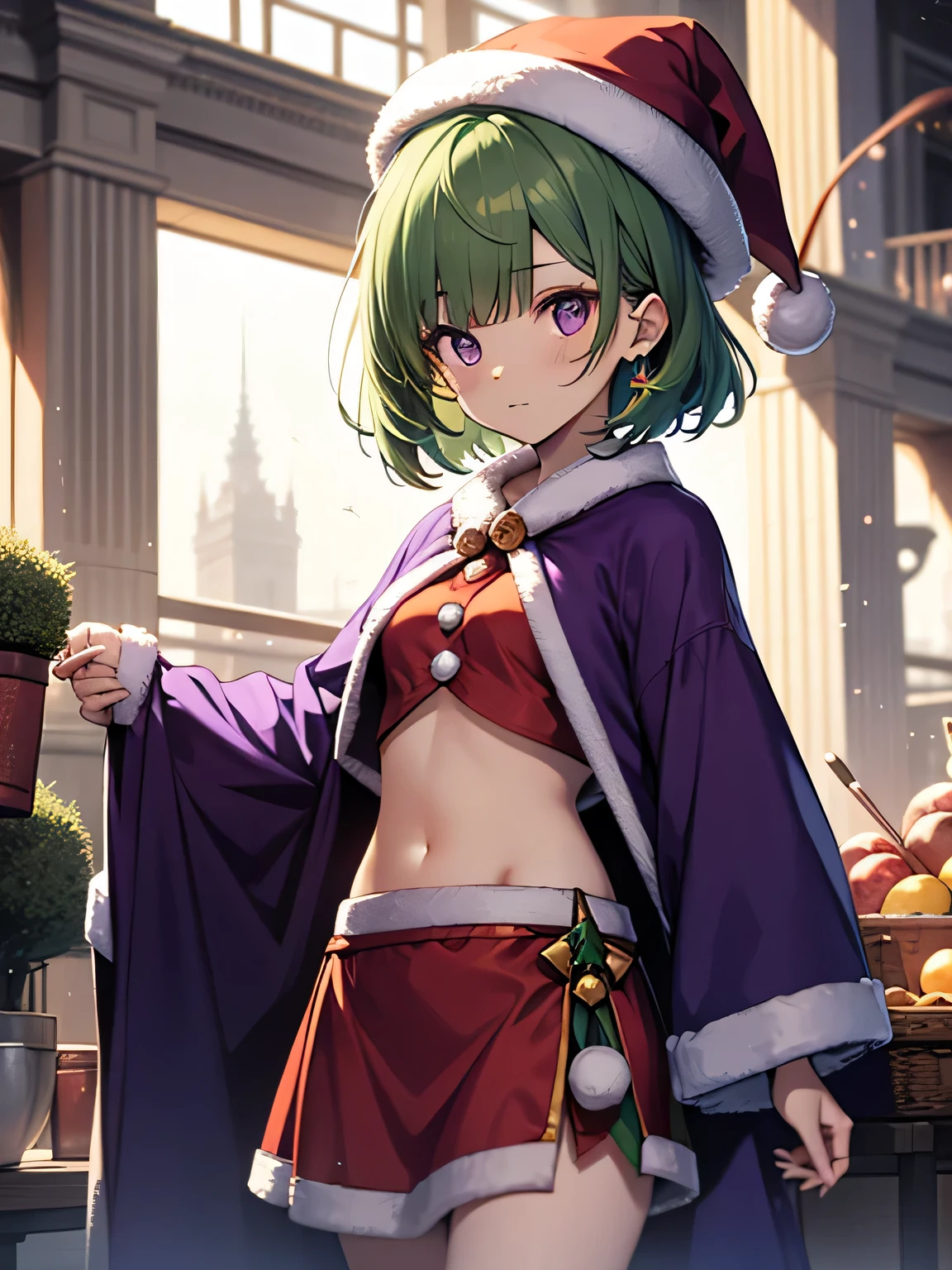 top-quality、extremely delicate and beautiful、(A  girl)、Purple Eye、Green hair、small tits、short-haired、(Purple pointy hat)、Soio、santa costume、santa claus vice、shortsleeves、Purple skirt、Purple Wizard Robe、Navel、is standing