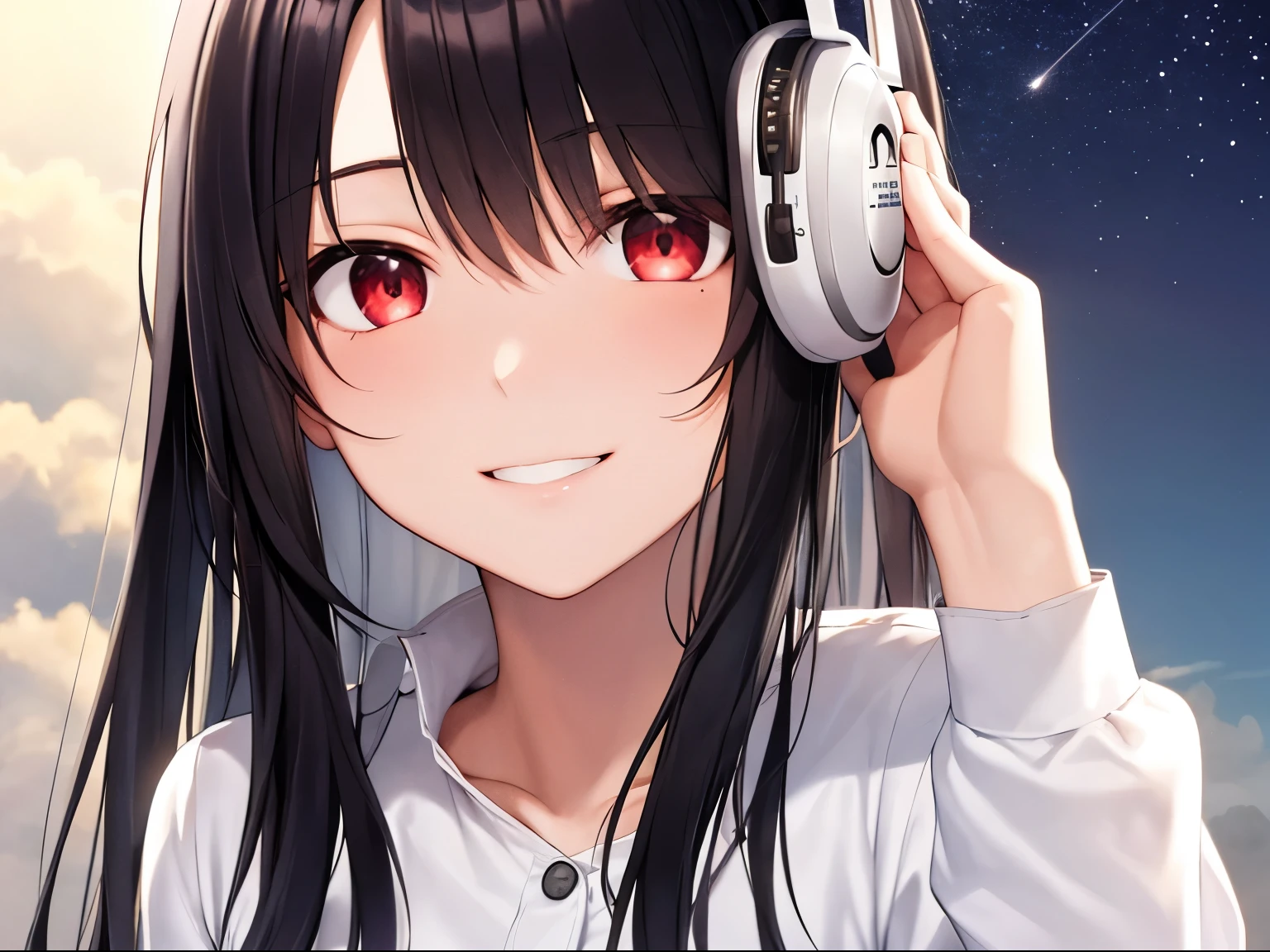 History of Eguchi Shou,Hibari-kun,music,head phone,years,head portrait, nikke,games,cg, Best Quality, girl with, cloud sky, sad,a smile, Long hair, white  shirt,motion, Beautiful, Detailed eyes, Red eyes, Long hair, Highly detailed, finely detail, (Stars), (striated hair), ((ink black hair)), (White inner hair)