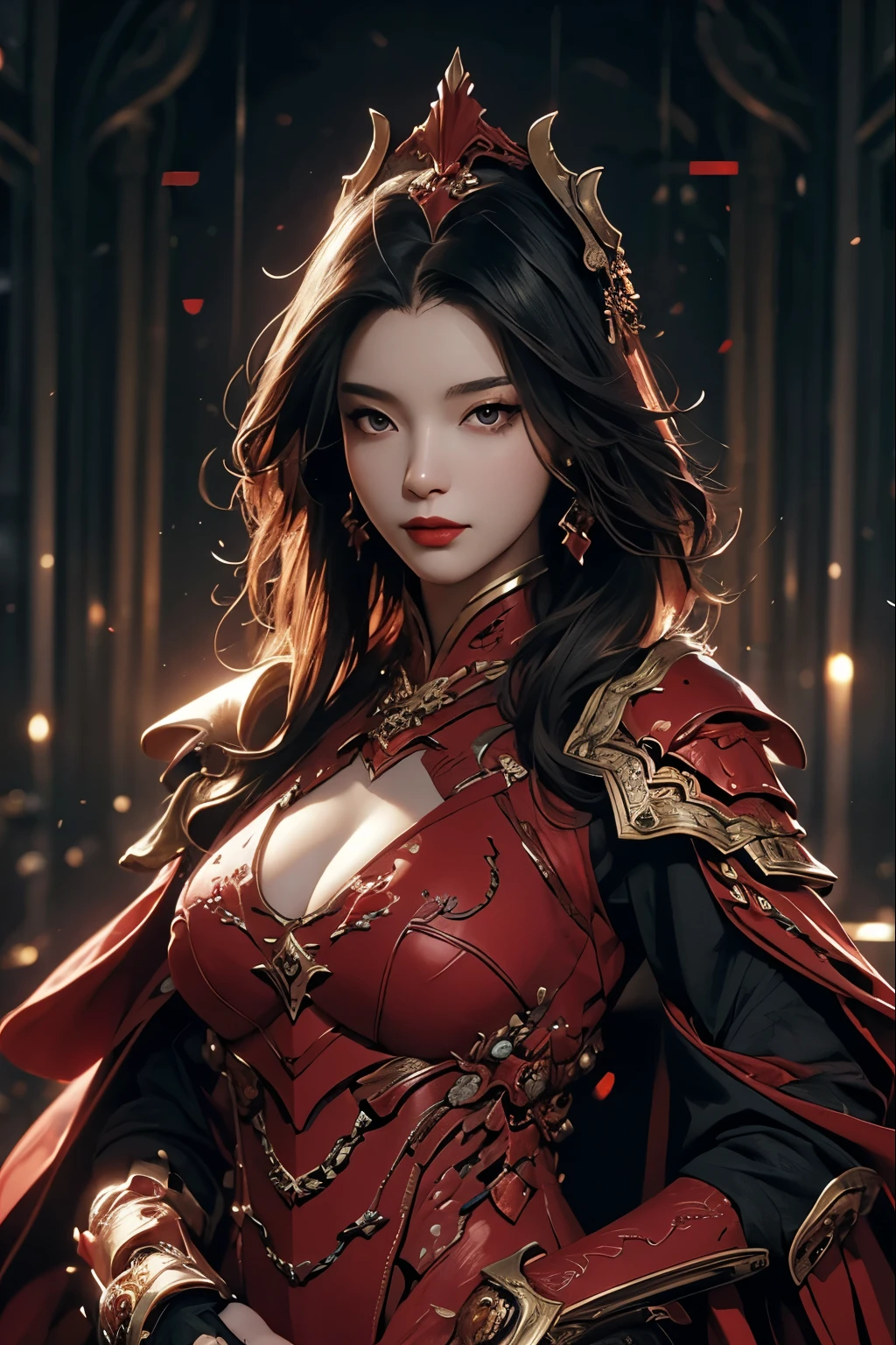 (masterpiece),(best quality:1.0), (ultra highres:1.0), detailed illustration, 8k, dreamlike, perfect anatomy, perfect body, RAW>. elegant pose, pretty face, detailed face, detailed eyes, red lips, red lipstick, highlights in hair, standing, detailed, intricate, highly detailed, (A black haired chinese girl!) ("holding a sword"), (wearing ebonheart dark red battle armor), elegant style pose, [bad anatomy], [bad hands], [missing fingers], [poorly drawn hands], [poorly drawn face], [deformed], [extra armused fingers], [too many fingers], [long neck], [bad body], [bad proportions], [gross proportions],