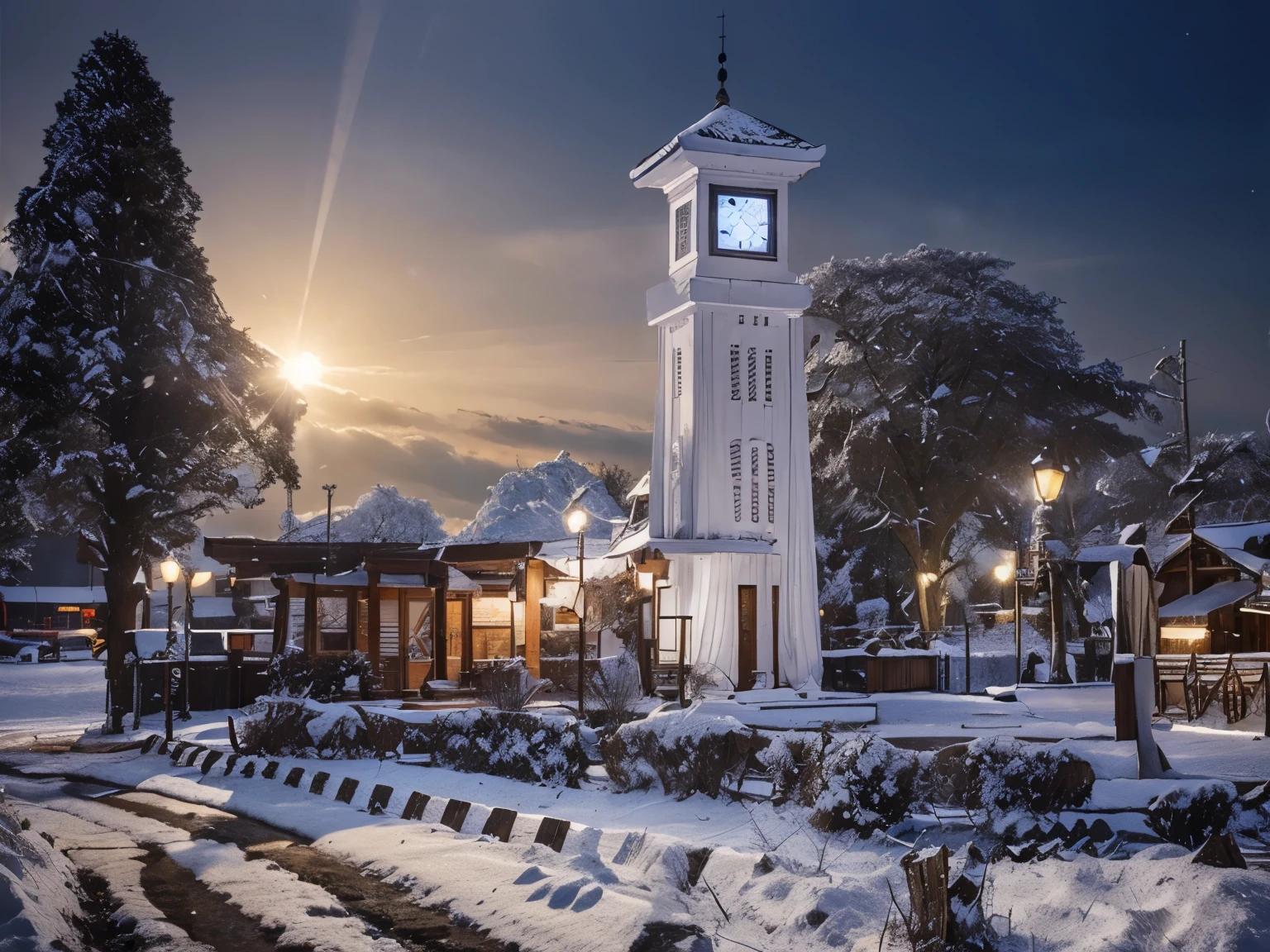 (Best quality at best,A high resolution,ultra - detailed,actual),The white,A world covered in silver, branches covered with snow, cold winter touch, Snowflakes dance like elves, Turn the world into a silver fairy tale, Cold, Peaceful and beautiful snow scene, Comfortable and calm
