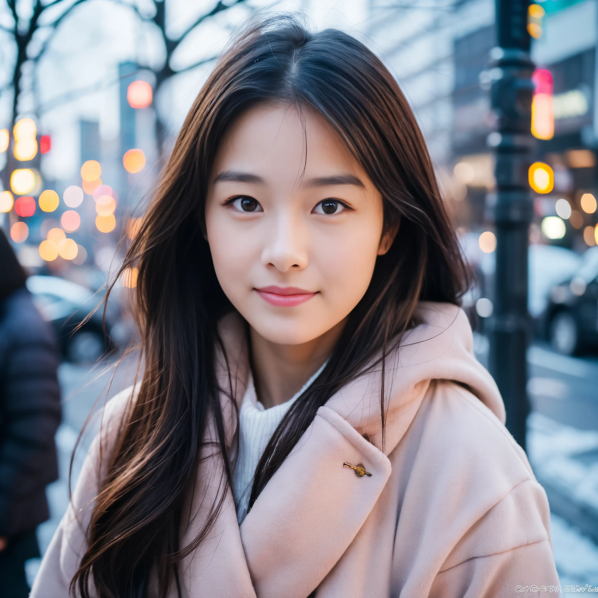 Photorealsitic, 8k full-length portraits, Beautuful Women, A charming expression, , TOKYOcty, Winters, Shibuya in the background