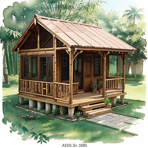 We will also build small houses using bamboo... We will also build a garden... We will also spread flowers... Watercolor painting