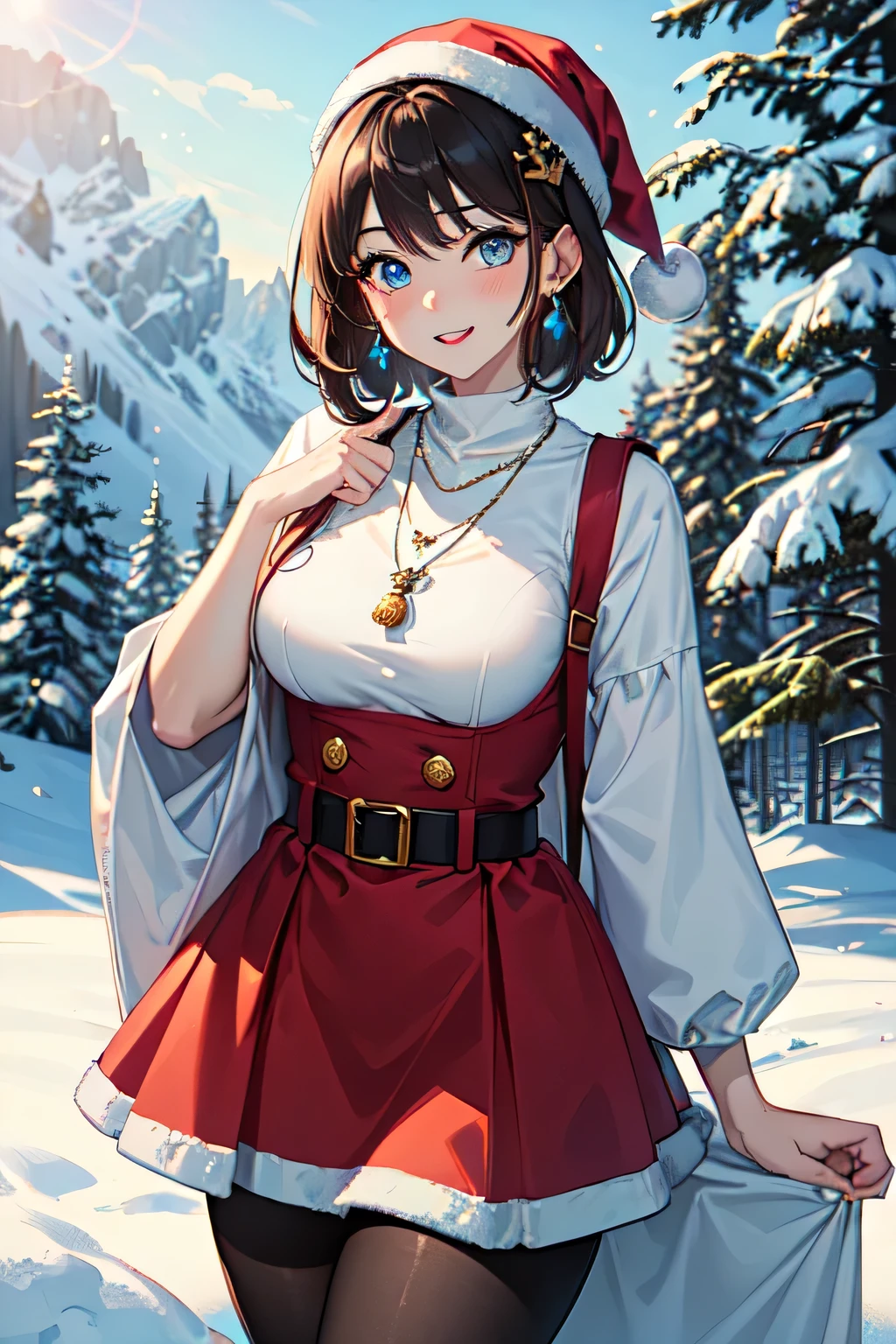 ((masutepiece)), ((Best Quality)), (Ultra-detailed), (superfine illustration), ((kawaii)), kawaii系, (lovely), ((Extremely detailed)), (Detailed eyes), (detailed facial features), (Detailed fingers), (detailed clothes features), 4K, (8K), (Beautiful), (dynamic compositions), (Cowboy Shot:1.3), (santa costume:1.3), Sitting on a stump, Pretty women, 1 woman, (Brown skin:1.2), Brown hair, Medium short hair, (Beautiful blue eyes), ((Beautiful eyes)), White teeth, (tights), (Hair ornaments), earrings, (Bib Necklace), (Laugh), blush, mont, vila, evening, Winters, Shine with colored light, Lens Flare, (snow effect), shiny