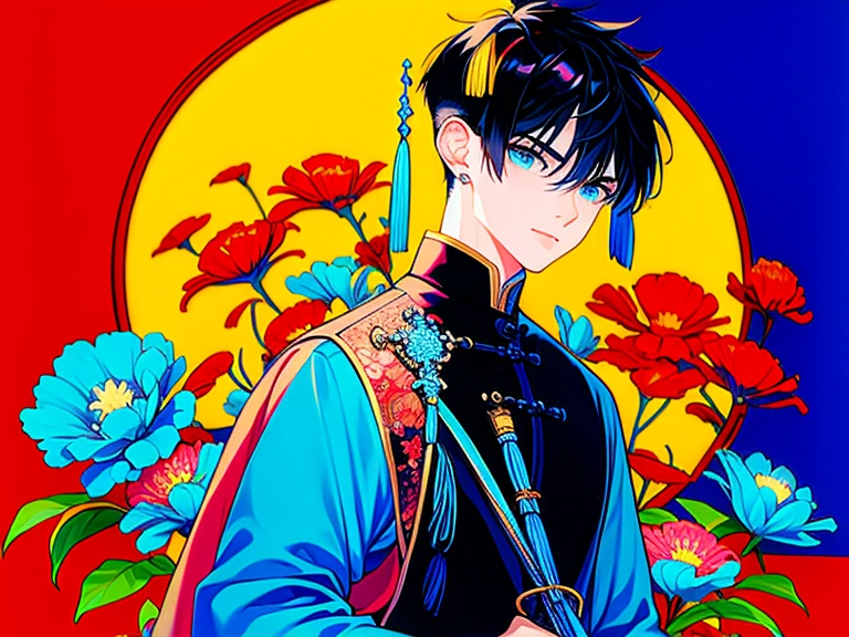 1 boy, china, ((( hanfu))), [(bamboo forest:1.5)::5] ,wearing chinese traditional clothes, mid shot, full body, (rich in details), masterpiece,(crystal decoration lab, crystal pattern, with mecha robot cyberpunk details:0.6),long sleeves, warrior pose, confident expression, heroic, strong, empowered, black gloves, hair order, (horrible atmosphere), Tidal effect, (Balance and coordination between all things), handsome, absurdity, plasma, particle effects, crystal clear texture,star_\(sky\), space, starry_sky, galaxy, solo, short_hair, cleavage, earth_\(planet\),illumination,light,dynamic angle,depth of field,light and shadow,Real light and shadow,diffuse reflection