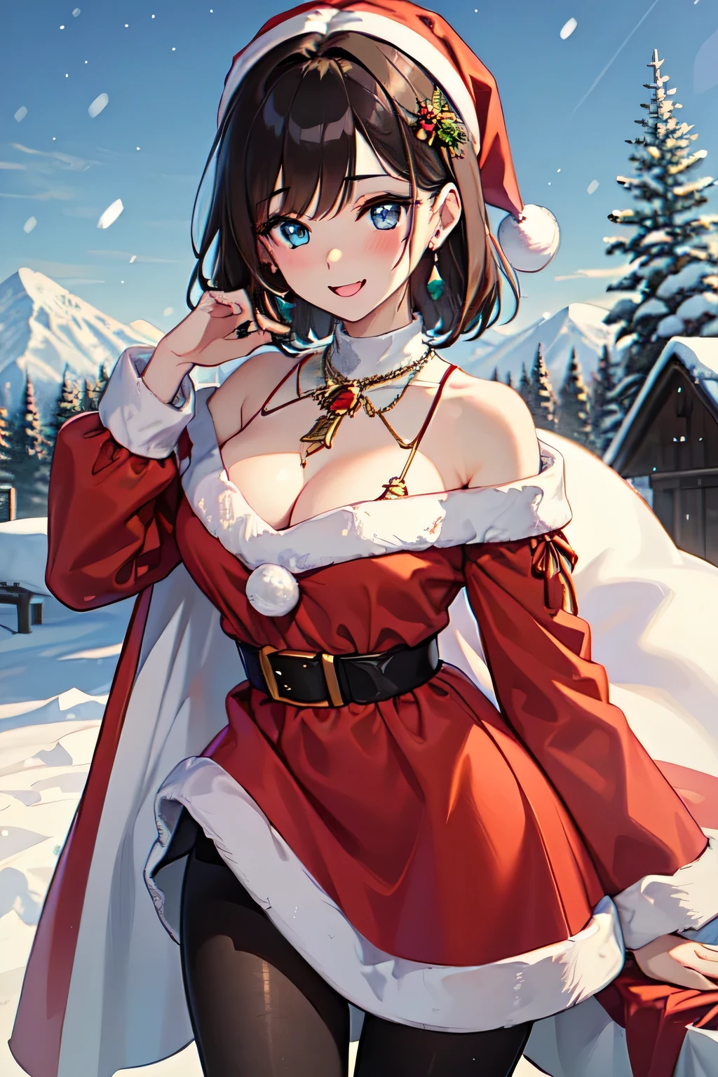 ((masutepiece)), ((Best Quality)), (Ultra-detailed), (superfine illustration), ((kawaii)), kawaii系, (lovely), ((Extremely detailed)), (Detailed eyes), (detailed facial features), (Detailed fingers), (detailed clothes features), 4K, (8K), (Beautiful), (dynamic compositions), (Cowboy Shot:1.3), (santa costume:1.3), Sitting on a stump, Pretty women, 1 woman, (Brown skin:1.2), Brown hair, Medium short hair, (Beautiful blue eyes), ((Beautiful eyes)), White teeth, (tights), (Hair ornaments), earrings, (Bib Necklace), (Laugh), blush, mont, vila, evening, Winters, Shine with colored light, Lens Flare, (snow effect), shiny