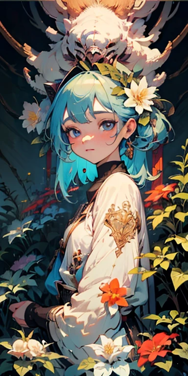 Best Quality, 4k Wallpaper, Masterpiece, extremely detailed CG unity 8k wallpaper, extremely detailed eyes, Ultra-detailed, intricate details, Art style JPPOP, 1girl, looking a viewer, exteriors, garden, Full flower, flower background,