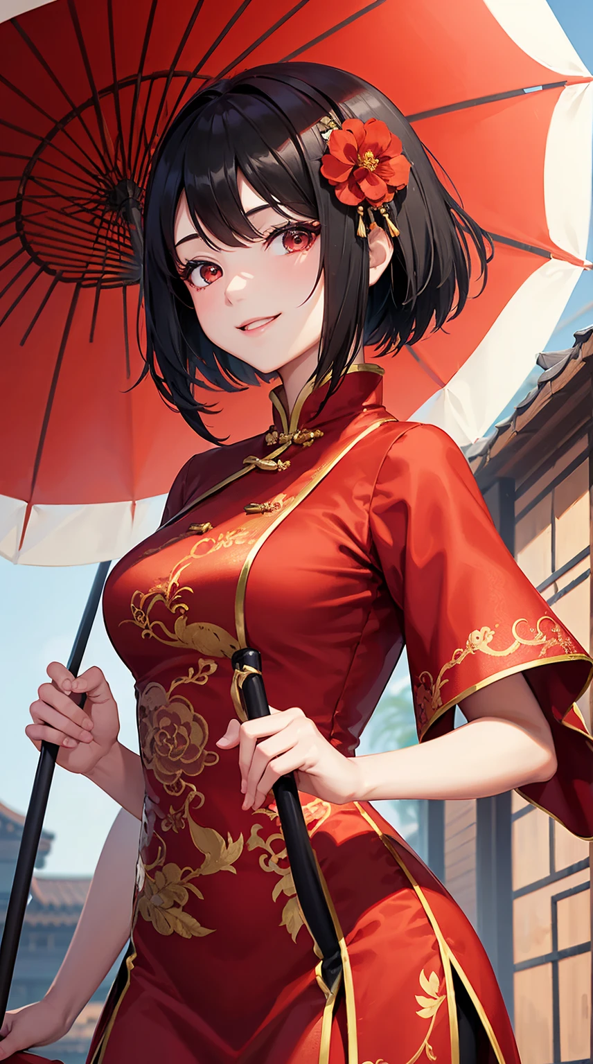 Red chinese dress, 1girl, solo, black hair, short hair, upper body, smile, parasol, mature female,