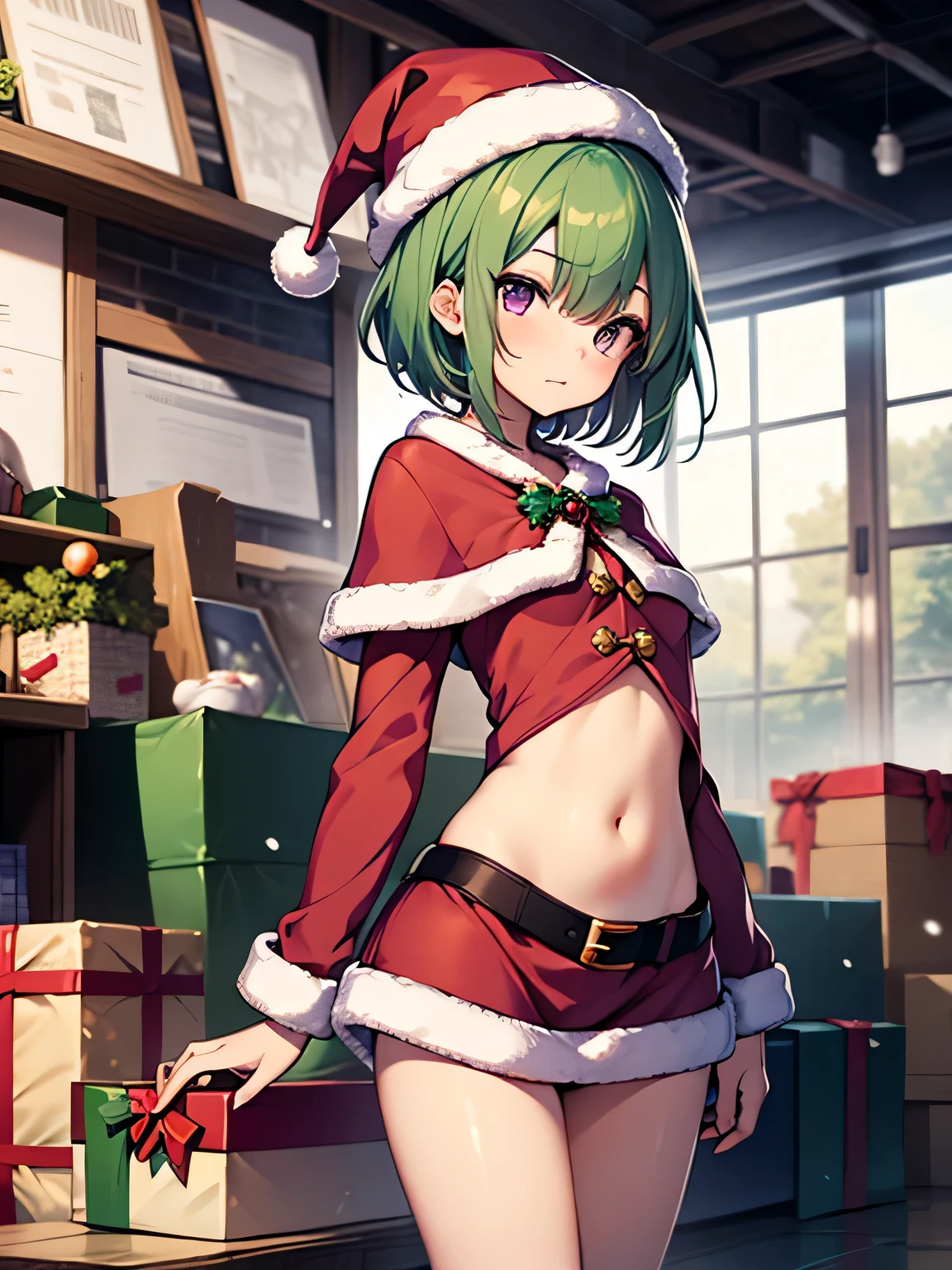 top-quality、extremely delicate and beautiful、(A  girl)、Purple Eye、Green hair、small tits、short-haired、(Purple pointy hat)、Soio、santa costume、Santa Claus clothes、shortsleeves、、Navel、is standing