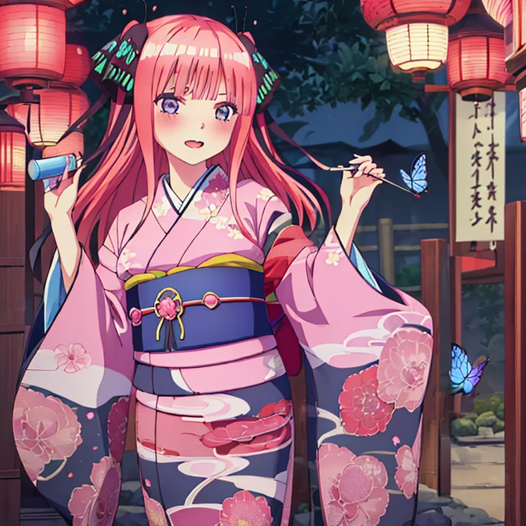 {Best Quality}, {very aesthetic}, {Ultra-detailed}, {Best Illustration}, one girls, japanese kimono, Kimono with butterfly pattern, nsfw, Pink hair