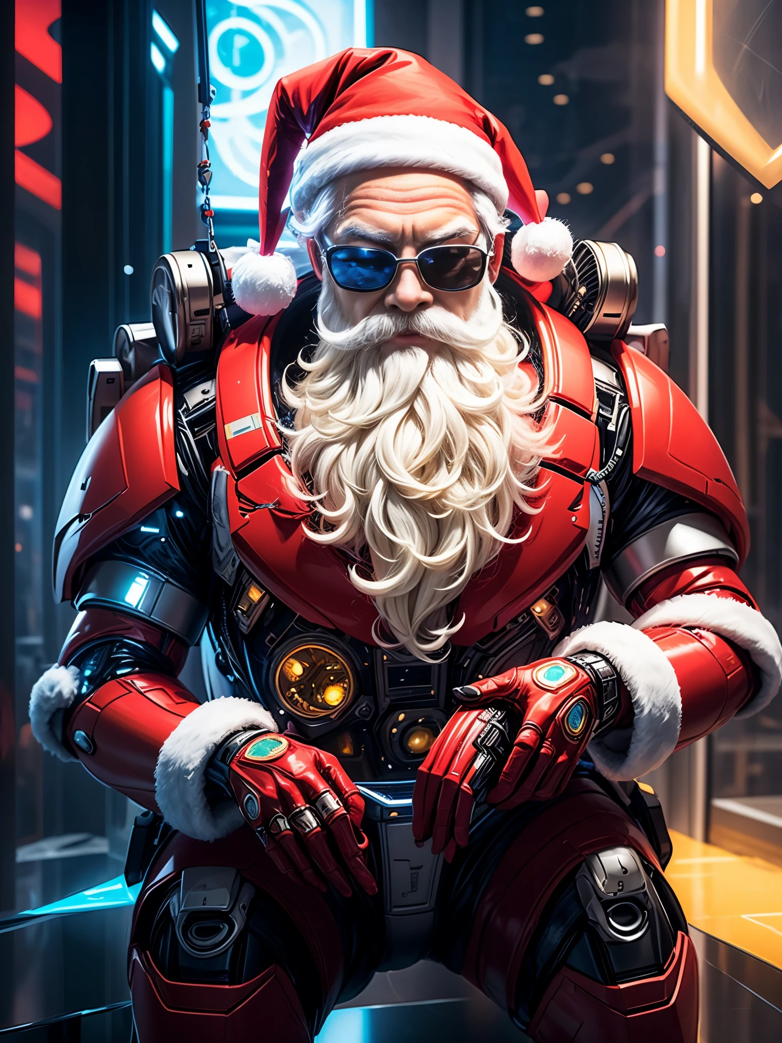 Stickers,best quality,masterpiece,(panorama:1.2),(landscape:1.2),In a cyberpunk-themed scenario,(envision a futuristic Santa Claus donned in electronic sunglasses. He is clad in a mechanized exoskeleton with a color scheme of black and red:1.2),emitting a glowing light from his chest. Seated on a sleigh pulled by mechanical reindeer,he soars through the air above a futuristic city. However,the scene takes a twist as a group of robotic soldiers aims their weapons at Santa Claus in mid-air. The composition includes elements of aerial projections,spaceships,neon lights,creating a fantastical and visually impactful scene.,spaceships,neon lights,gundam,highly realistic,glassy translucence,graceful,blink-and-you-miss-it detail,Sci-fi light effects,(Illuminated circuit board:1.6),rich colors,gorgeous colors,colorful,with light beams on the face,creating a fantastical and visually striking image.