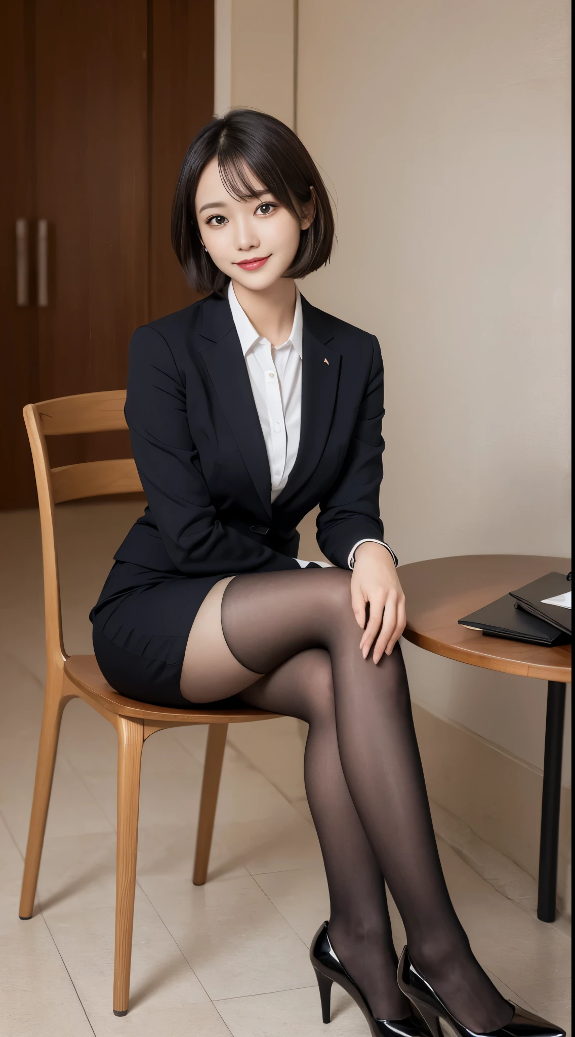 masutepiece, Best Quality, Illustration, Ultra-detailed, finely detail, hight resolution, 8K Wallpaper, Perfect dynamic composition, Beautiful detailed eyes, Business suits,Mini skirt,short cut hair,Natural Color Lip, Sit on a chair and cross your legs,Smile、25 year old girl,red eye shadow,Wearing black full stockings,