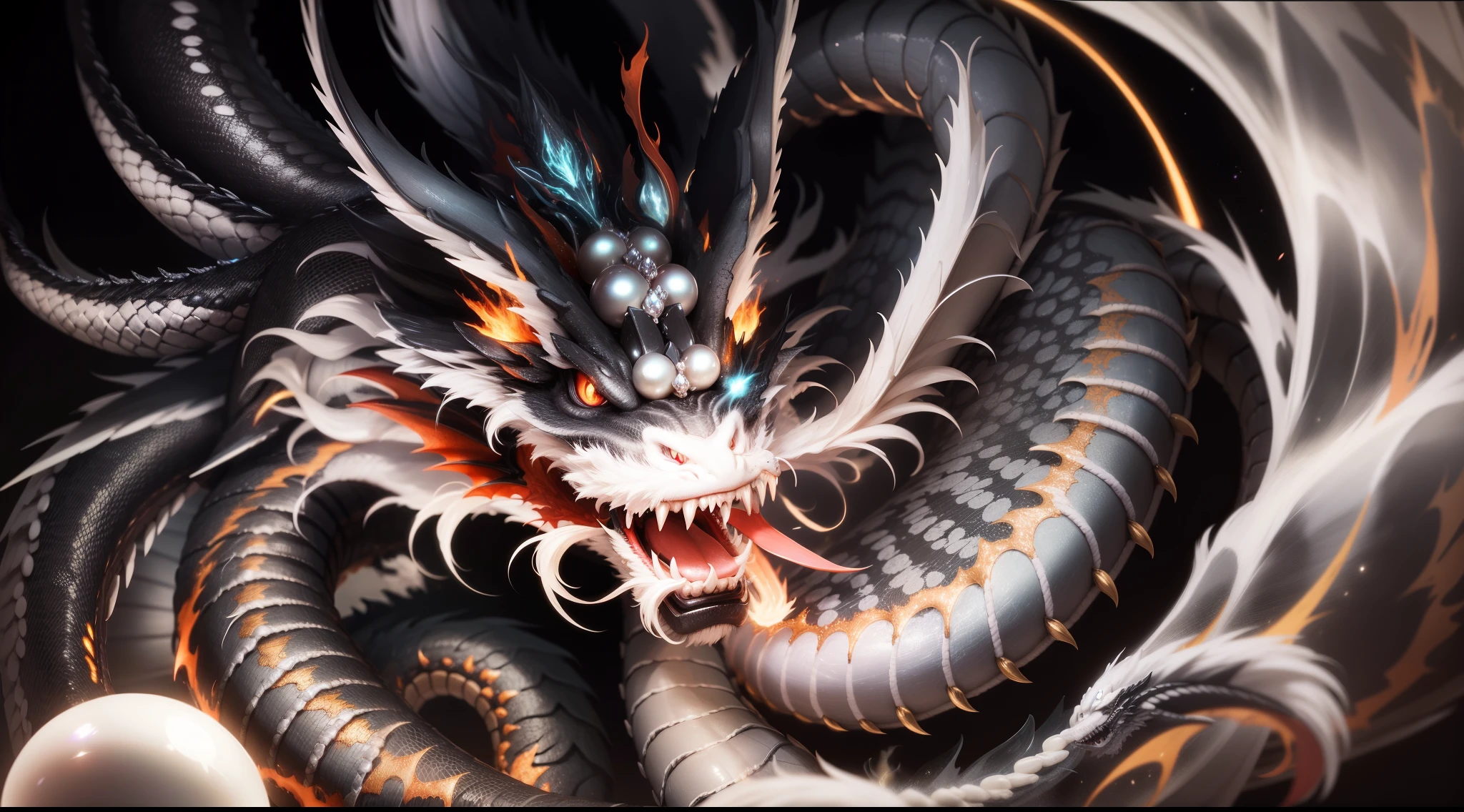 friendly face flying chinese dragon playing with white pearl, black background, electrifying streaks.