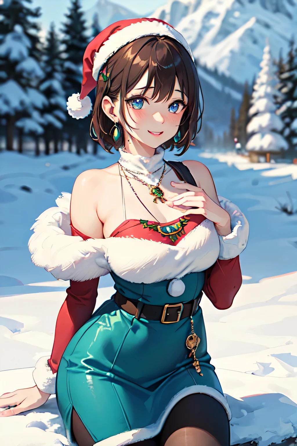 ((masutepiece)), ((Best Quality)), (Ultra-detailed), ((kawaii)), kawaii系, (lovely), ((Extremely detailed)), (Detailed eyes), (detailed facial features), (Detailed fingers), (detailed clothes features), 4K, (8K), (Beautiful), Illustration, (dynamic compositions), (Cowboy Shot:1.3), (santa costume:1.3), Sitting on a stump, Pretty women, 1 woman, (Brown skin:1.2), Brown hair, Medium short hair, (Beautiful blue eyes), ((Beautiful eyes)), White teeth, (tights), (Hair ornaments), earrings, (Bib Necklace), (Laugh), blush, mont, vila, evening, Winters, Shine with colored light, Lens Flare, (snow effect), shiny