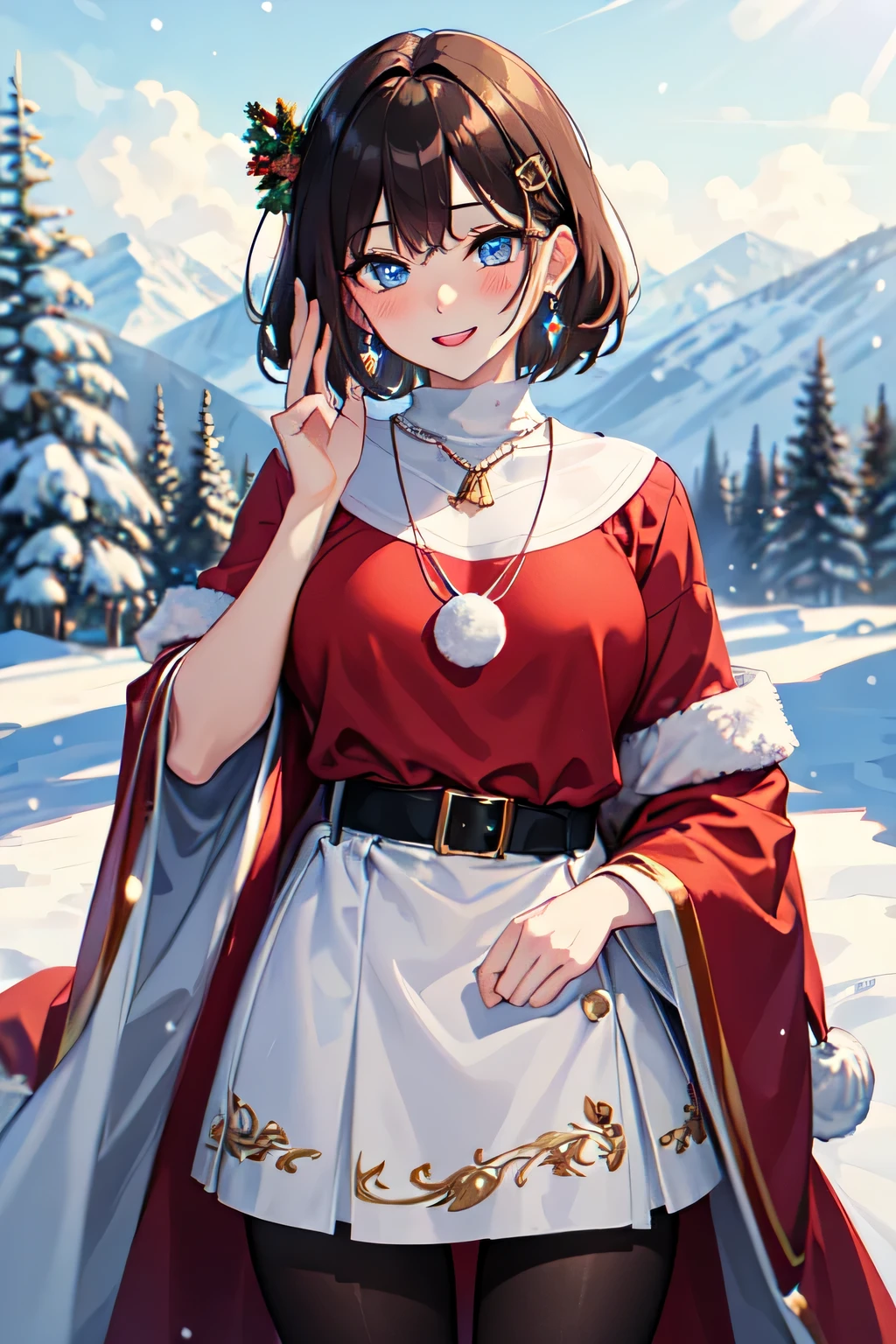 ((masutepiece)), ((Best Quality)), (Ultra-detailed), ((kawaii)), kawaii系, (lovely), ((Extremely detailed)), (Detailed eyes), (detailed facial features), (Detailed fingers), (detailed clothes features), 4K, (8K), (Beautiful), Illustration, (dynamic compositions), (Cowboy Shot:1.3), (santa costume:1.3), Sitting on a stump, Pretty women, 1 woman, (Brown skin:1.2), Brown hair, Medium short hair, (Beautiful blue eyes), ((Beautiful eyes)), White teeth, (tights), (Hair ornaments), earrings, (Bib Necklace), (Laugh), blush, mont, vila, evening, Winters, Shine with colored light, Lens Flare, (snow effect), shiny