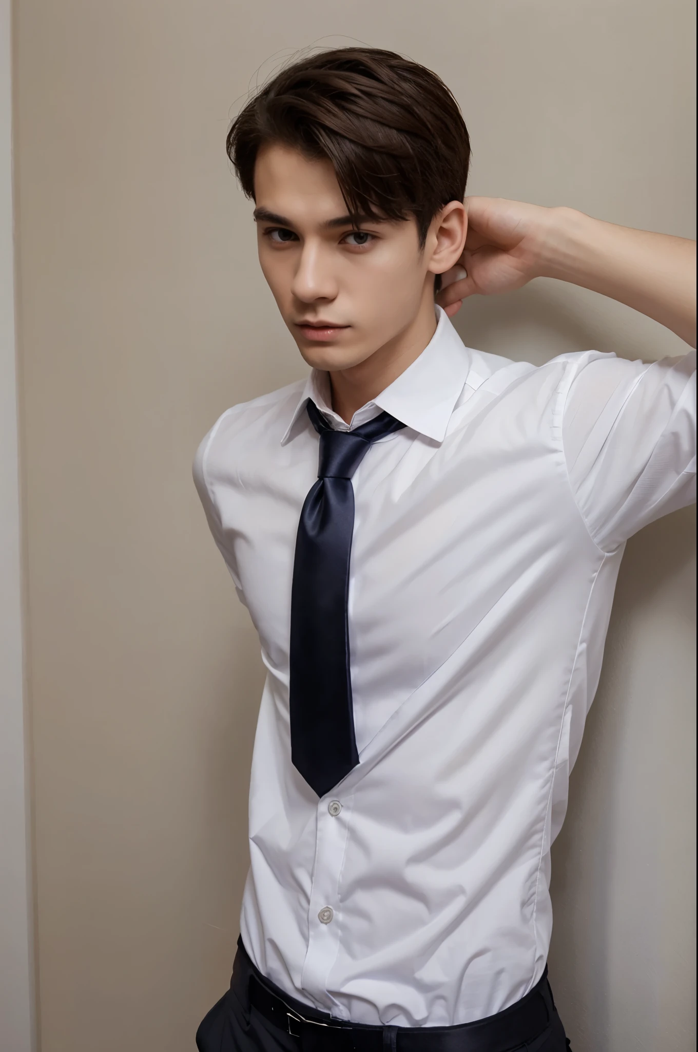 1 handsome Japanese guy,32-35 years old,Corporate executives,Dress shirts and ties, Professional Dress, Professional Dress, ready for a meeting, Handsome and elegant, Wearing a black and gray suit, Sexy masculine, in blouse wearing, Masculine and handsome,Muscular,Muscles look good,hairy bodies,with fair skin,黑The eye(thin eyes 1:3),fully body photo
