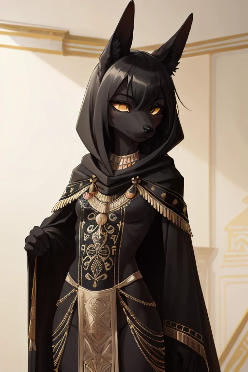 girl, small, fluffy black fur, jackal, anthro, slender, Egyptian attire, gold embroidered poncho, gold embroidered black body suit, feathery clothing