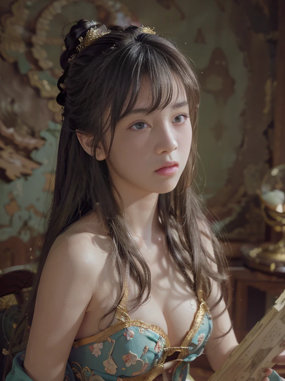 (RAW photo, best quality), (realistic, photo-realistic:1.3),best quality,highly detailed,masterpiece,ultra-detailed,illustration,1girl,upper_body,dynamic angle,world masterpiece theater,messy_long_hair,best quality,extremely detailed CG unity 8k wallpaper,ink,Amazing,cinematic lighting,lenlare,,dunhuang_style
