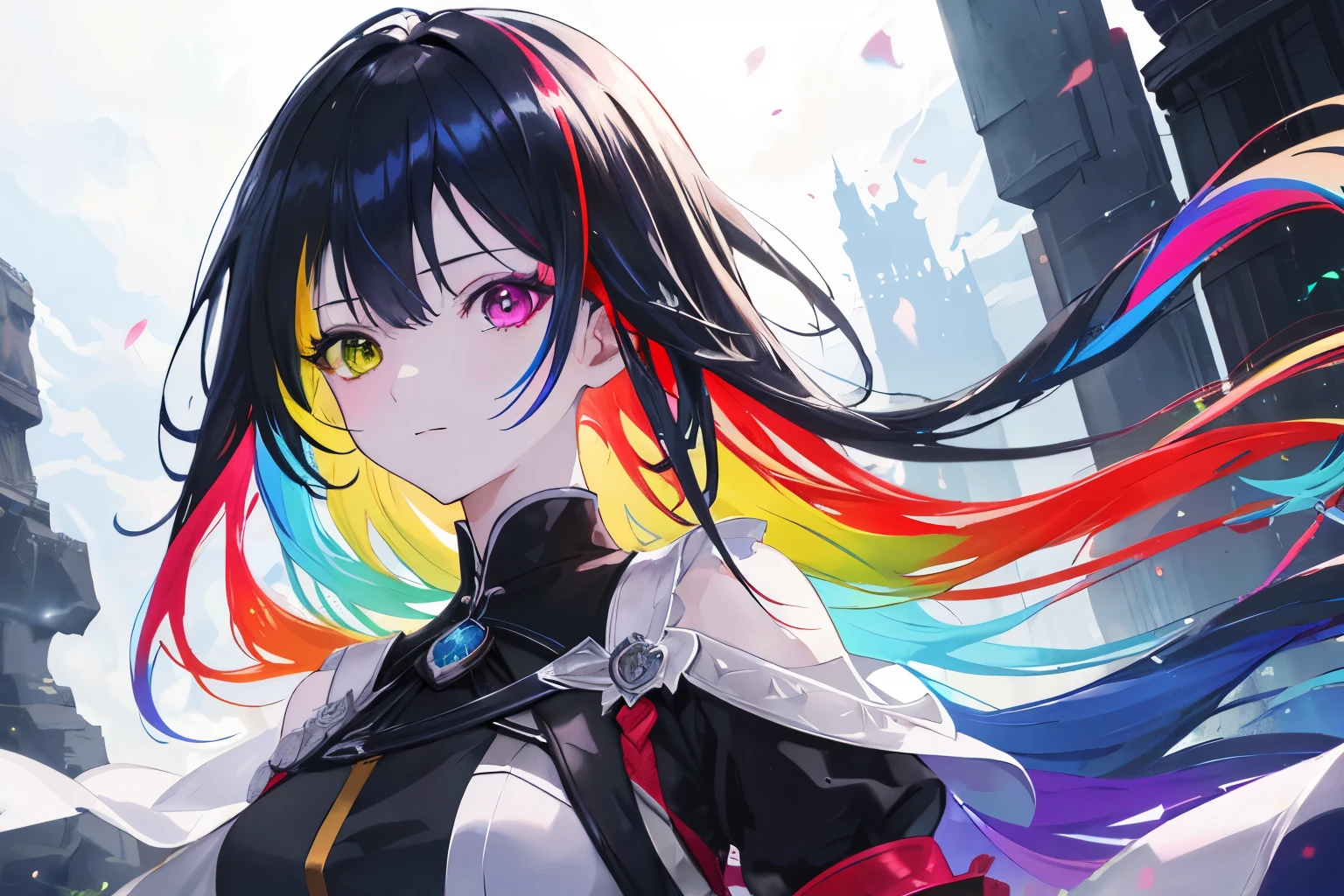 {{masutepiece}}, Best Quality, the Extremely Detailed CG Unity 8K Wallpapers, Cinematic lighting, Lens Flare, Beautiful detail eyes, Black, side glance, Multicolor Hair, Colorful light, Particle, Heterochromia, (Colorful:1.5), (Colorful hair:1.5), Swinging a sword, Powerful
