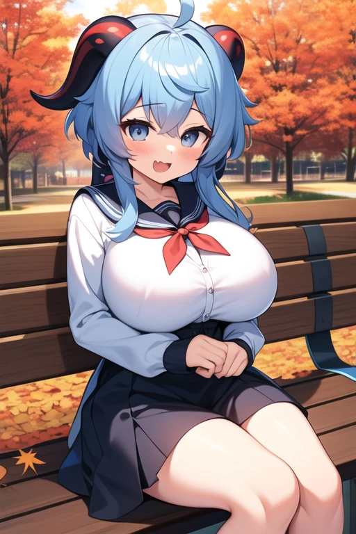 ^^^, :d, =3, = =, blush, breasts, bouncing breasts, falling petals, blue hair, doyagao, fang, huge breasts, open mouth, shirt, smile, blue sky, ahoge, autumn, autumn leaves, bag, bench, blue eyes, looking at viewer, outdoors, park, park bench, sitting, 1girl, serafuku, neck ribbon, neckerchief, ganyurnd