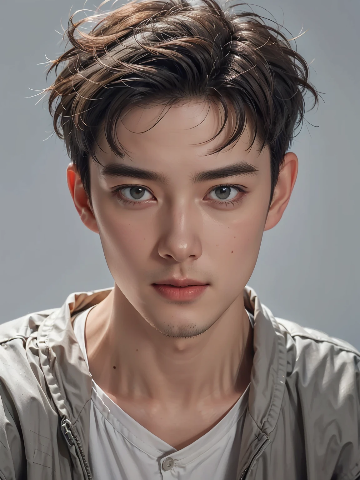 detail skin texture, (Best quality at best:1.4), 8K分辨率, A high resolution, (realisticlying, A high resolution:1.4), RAW photogr, (actual, 真实感:1.3 like, Handsome白种人男性, super model, Attractive man,40 year old man!, white male head portrait, softlighting, Face focus, cheerfulness的, cheerfulness, warm lights, ((gray white background)), ((gray white background)). ((gray wall background)), head portrait, (Very short hair), Wear a modern and stylish jacket and shirt, Handsome, young, green-eyed, flathead, Very short hair, flathead, with a round face, Brown hair, shaved ones, clean shaven, perfectly straight in front of the camera, Surreal, Detailed pubic hair, naturalistic portrait, right in front of camera, very Detailed pubic hair eyes, perfectly straight in front of the camera,