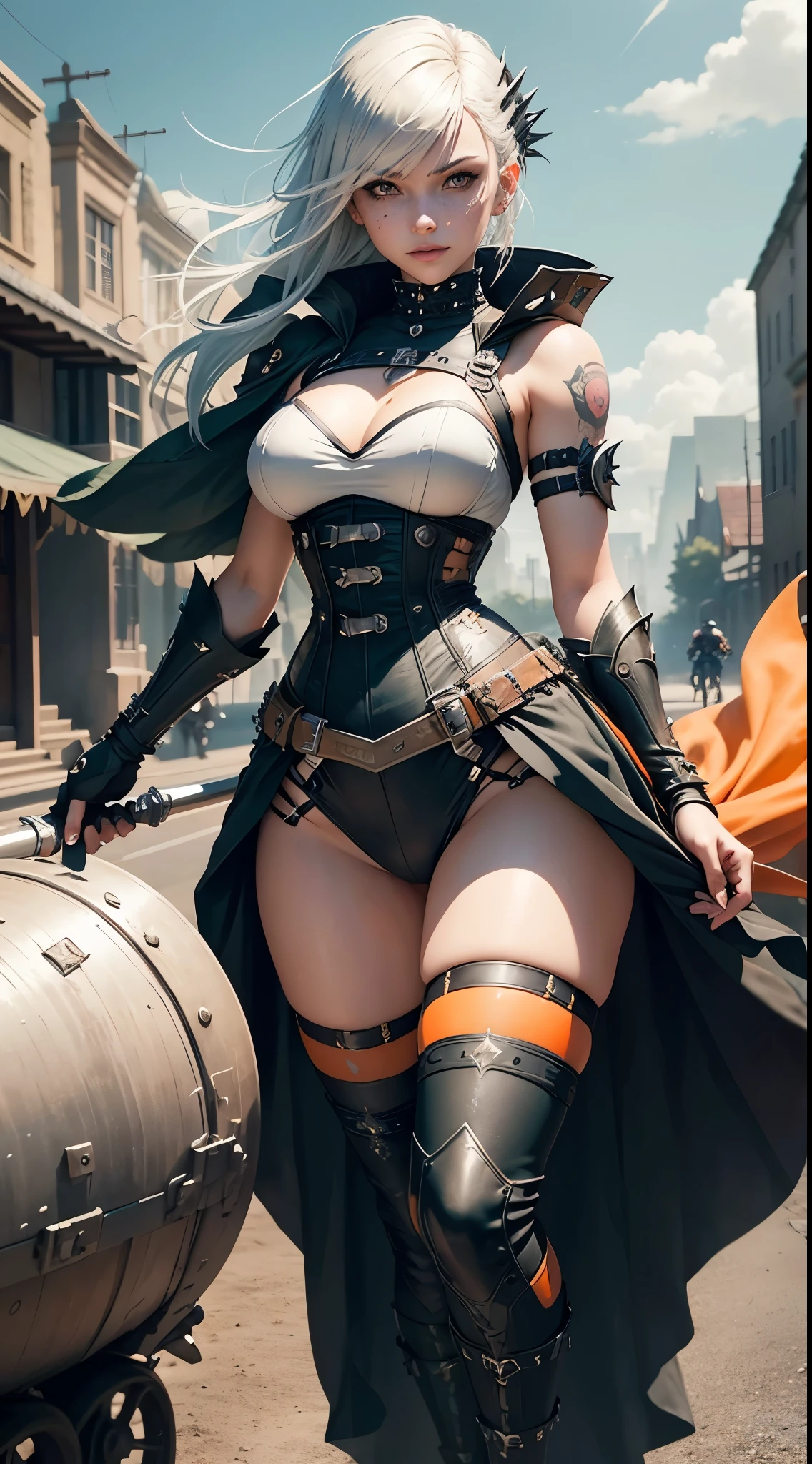 gwen tennyson,1girl,yorha 2b,riven,tracer,overwatch,atelier ryza,close up,battlefield view,tattoos,orange and white plugsuit,white short sleeve knight leotard,knight steel armor,lycra leggings,harness corset,long punk hair,punk makeup,green eyes,multicolored silver hair,long dress train,fierce smile,freckles,beautiful girl,thigh high punk boots,large breasts,8k,ultra detailed,realistic,fantasy art,punk knight uniform,queen gown dress,hair pin,ear piercings,crystal hand and neck jewelry,(weather:windy),long orange knight cloak,holding a dagger on each hand,(pose:ready to attack),