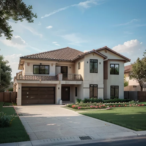 A beautiful one-story building with a modern design in a large yard, a nice car, a flower garden, a fun family, and a delightful experience.