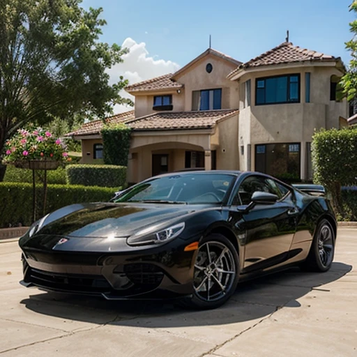 A beautiful one-story building with a modern design in a large yard, a nice car, a flower garden, a fun family, and a delightful experience.