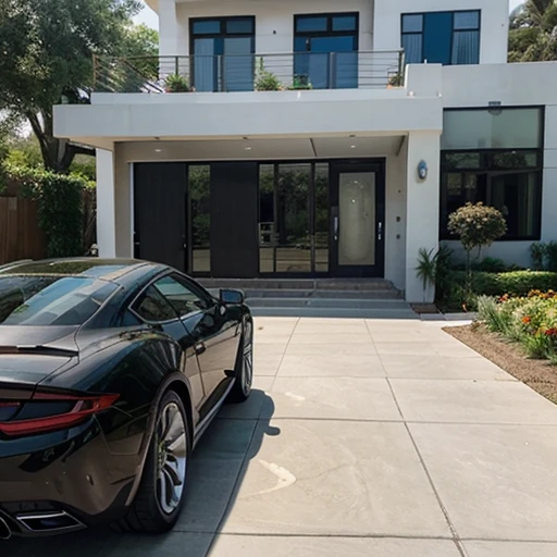 A beautiful one-story building with a modern design in a large yard, a nice car, a flower garden, a fun family, and a delightful experience.