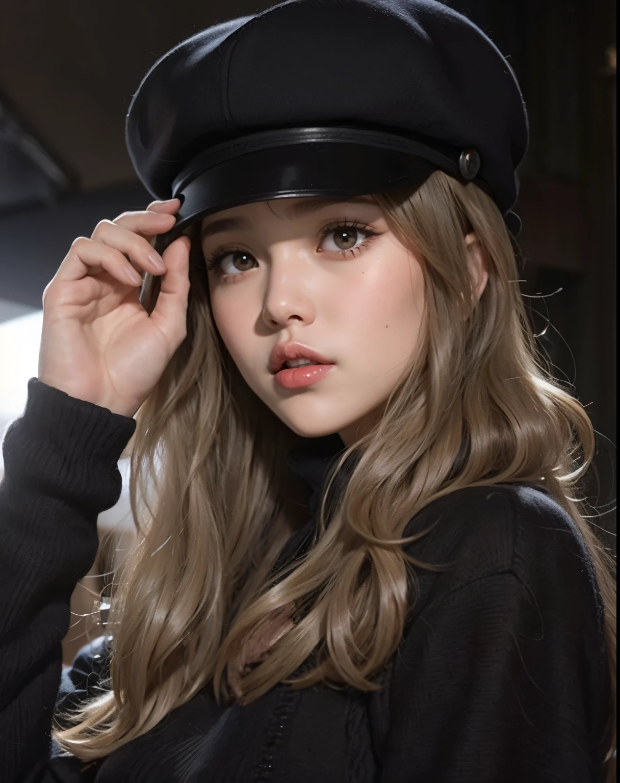 a closeup of a woman wearing a hat and a black sweater, Lalisa Manobal, Lalisa Manoban de Blackpink, Flequillo partido en el centro, an oversized beret, con flequillo completo, con una gargantilla y un lindo sombrero, wearing Gorra de Newsboy, Boinas, con flequillo, long hair con flequillo completo, Gorra de Newsboy, flequillo esponjoso