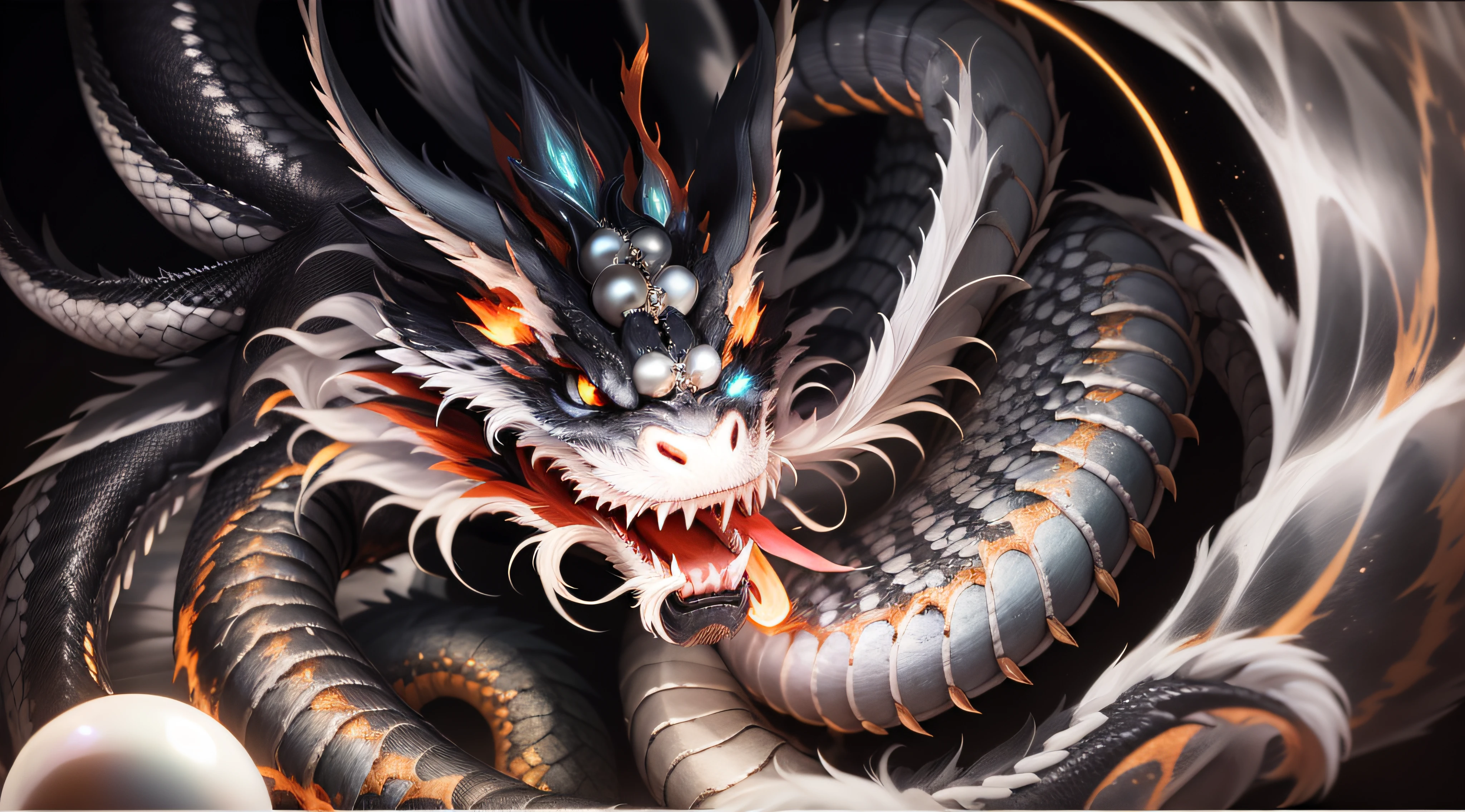 friendly face flying chinese dragon playing with white pearl, black background, electrifying streaks.