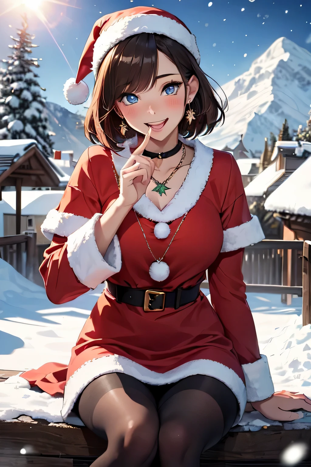 ((masutepiece)), ((Best Quality)), (Ultra-detailed), ((kawaii)), kawaii系, (lovely), ((Extremely detailed)), (Detailed eyes), (detailed facial features), (Detailed fingers), (detailed clothes features), 4K, (8K), (Beautiful), Illustration, (dynamic compositions), (Cowboy Shot:1.3), (santa costume:1.3), Sitting on a stump, Pretty women, 1 woman, (Brown skin:1.2), Brown hair, Medium short hair, (Beautiful blue eyes), ((Beautiful eyes)), White teeth, (tights), (Hair ornaments), earrings, (Bib Necklace), (Laugh), blush, mont, vila, evening, Winters, Shine with colored light, Lens Flare, (snow effect), shiny