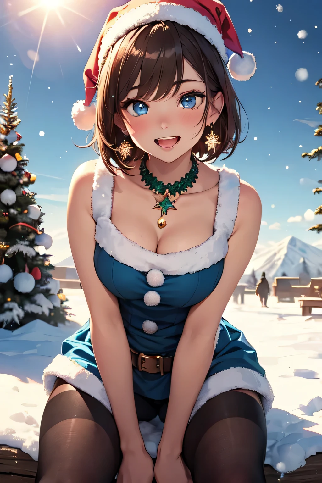 ((masutepiece)), ((Best Quality)), (Ultra-detailed), ((kawaii)), kawaii系, (lovely), ((Extremely detailed)), (Detailed eyes), (detailed facial features), (Detailed fingers), (detailed clothes features), 4K, (8K), (Beautiful), Illustration, (dynamic compositions), (Cowboy Shot:1.3), (santa costume:1.3), Sitting on a stump, Pretty women, 1 woman, (Brown skin:1.2), Brown hair, Medium short hair, (Beautiful blue eyes), ((Beautiful eyes)), White teeth, (tights), (Hair ornaments), earrings, (Bib Necklace), (Laugh), blush, mont, vila, evening, Winters, Shine with colored light, Lens Flare, (snow effect), shiny