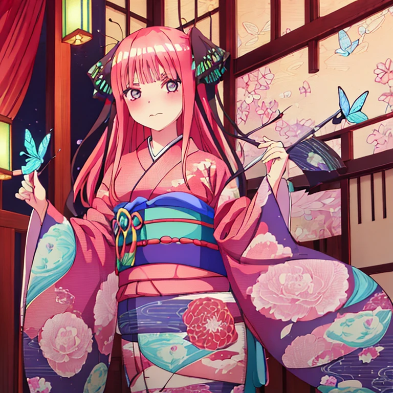 {Best Quality}, {very aesthetic}, {Ultra-detailed}, {Best Illustration}, one girls, japanese kimono, Kimono with butterfly pattern, nsfw, Pink hair