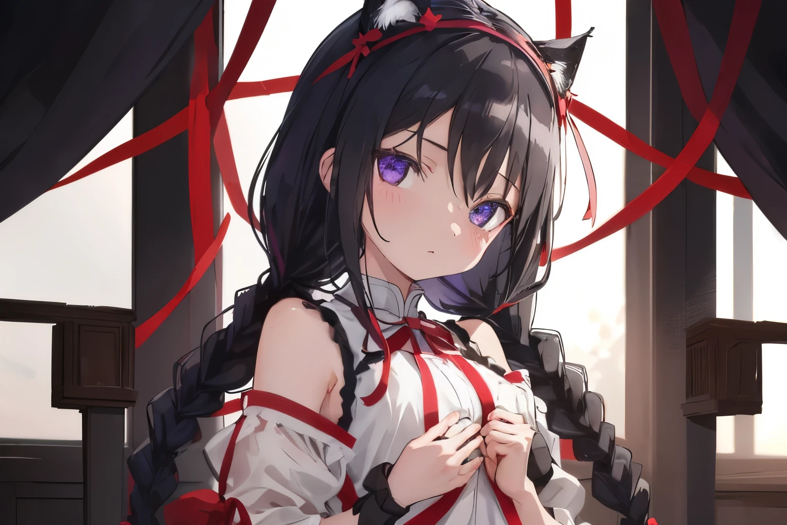 1girl in,Detailed details,a purple eye,radiant eyes,Braids,Black hair、Braidsに紫色のリボン,Red ribbon on chest,wears a black headband on his head