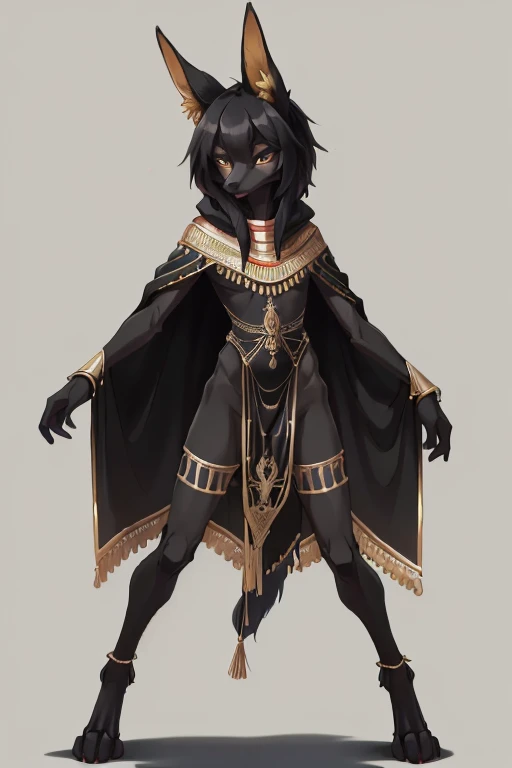 girl, , fluffy black fur, jackal, anthro, slender, Egyptian attire, gold embroidered poncho, gold embroidered black body suit, robot digitigrade legs
