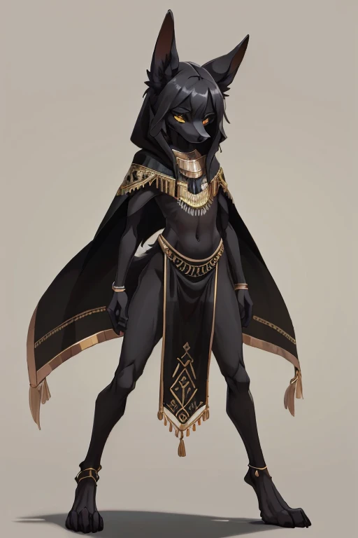 girl, small, fluffy black fur, jackal, anthro, slender, Egyptian attire, gold embroidered poncho, gold embroidered black body suit, robot digitigrade legs