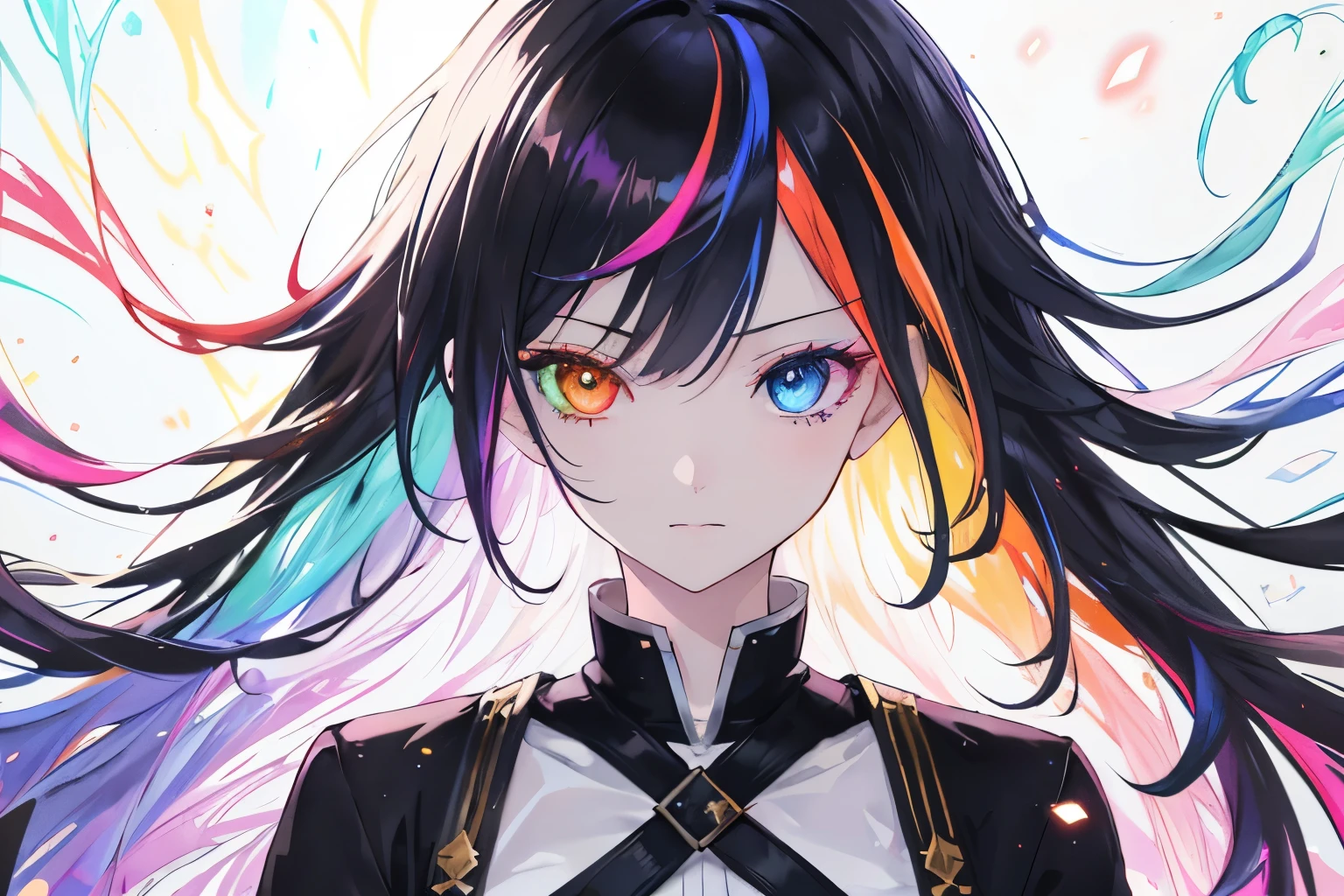 {{masutepiece}}, Best Quality, the Extremely Detailed CG Unity 8K Wallpapers, Cinematic lighting, Lens Flare, Beautiful detail eyes, Black, side glance, Multicolor Hair, Colorful light, Particle, Heterochromia, (Colorful:1.5), (Colorful hair:1.5), Swinging a sword, Powerful