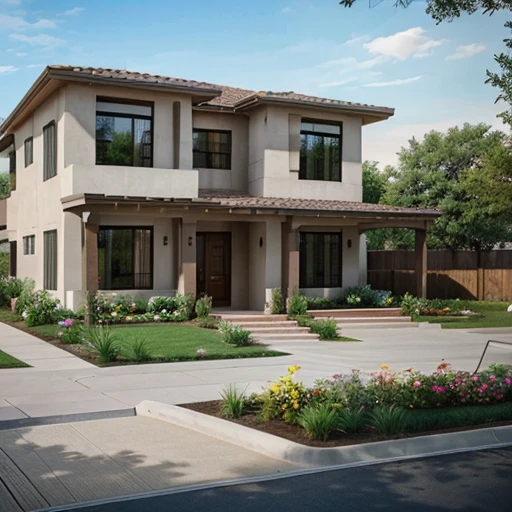 A beautiful one-story building with a modern design in a large yard, a nice car, a flower garden, a happy family, and a delightful... digital photo