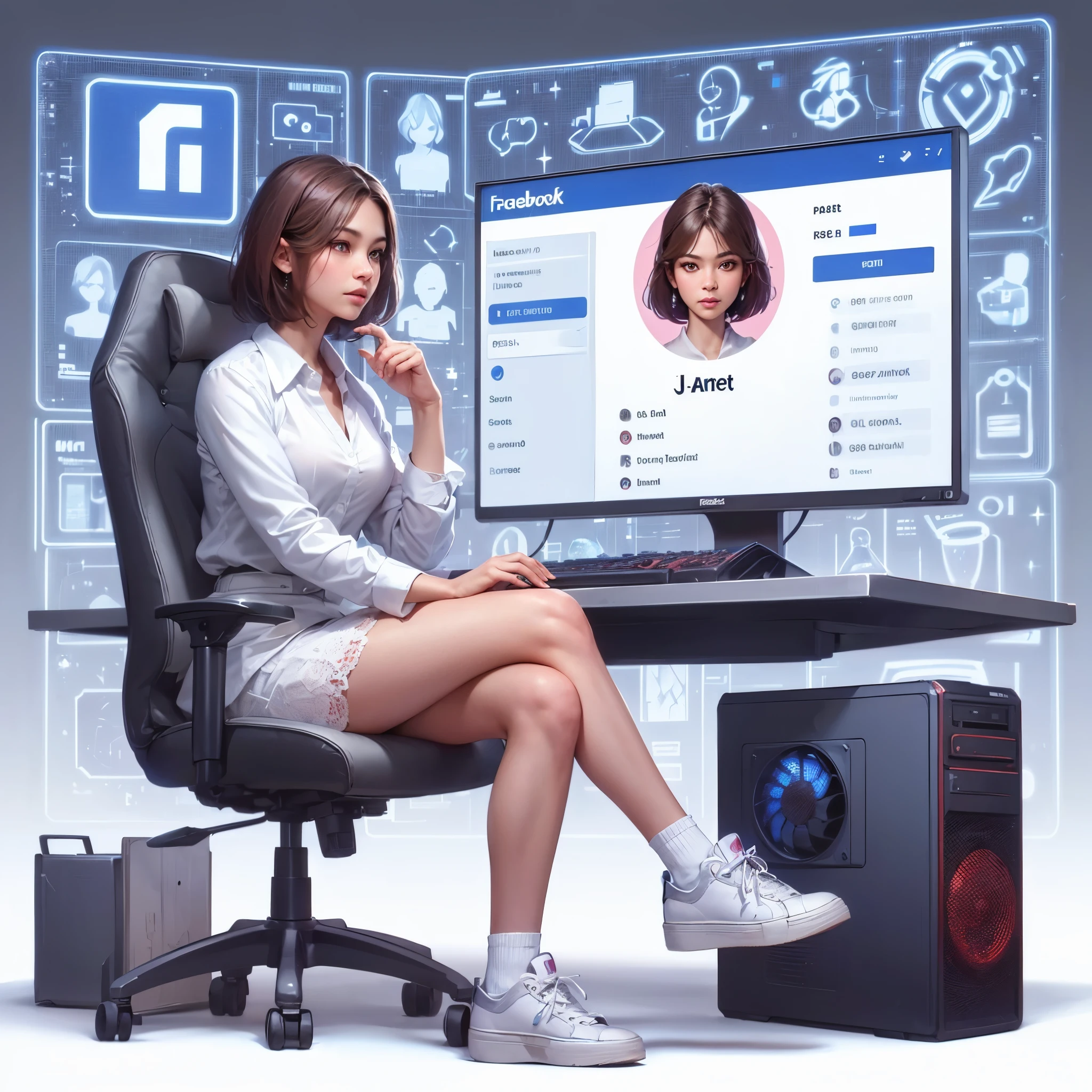semi realistic artstyle of mature lady sitting play computer on her gaming pc with social media logo “facebook” in the background. Characters should wear modern casual white shirt and skirt, sneakers. hologram background behind her is a social media profile page number with the username “J-Anet” and a corresponding profile picture, masterpiece, best quality:1.2),,(8k,highres,RAW photo,realistic,photo-realistic:1.3),(detailed skin texture,detailed cloth texture,beautiful detailed face:1.25),professional lighting,photon mapping,beautiful soft light,radiosity,physically-based rendering,raytracing, model shoot style, model shoot style, (extremely detailed CG unity 8k wallpaper), full shot body photo of the most beautiful artwork in the world,