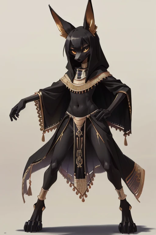 girl, small, fluffy black fur, jackal, anthro, slender, Egyptian attire, gold embroidered poncho, gold embroidered black body suit, robotic digitigrade legs,